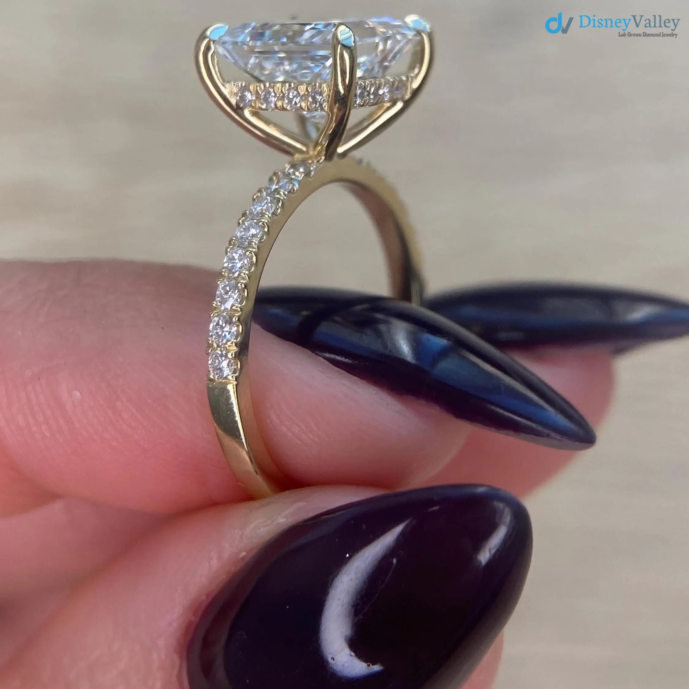 2.35 CT Lab Grown Princess Cut Half Way Side Stones Hidden Halo Diamond Engagement Ring - DisneyValley