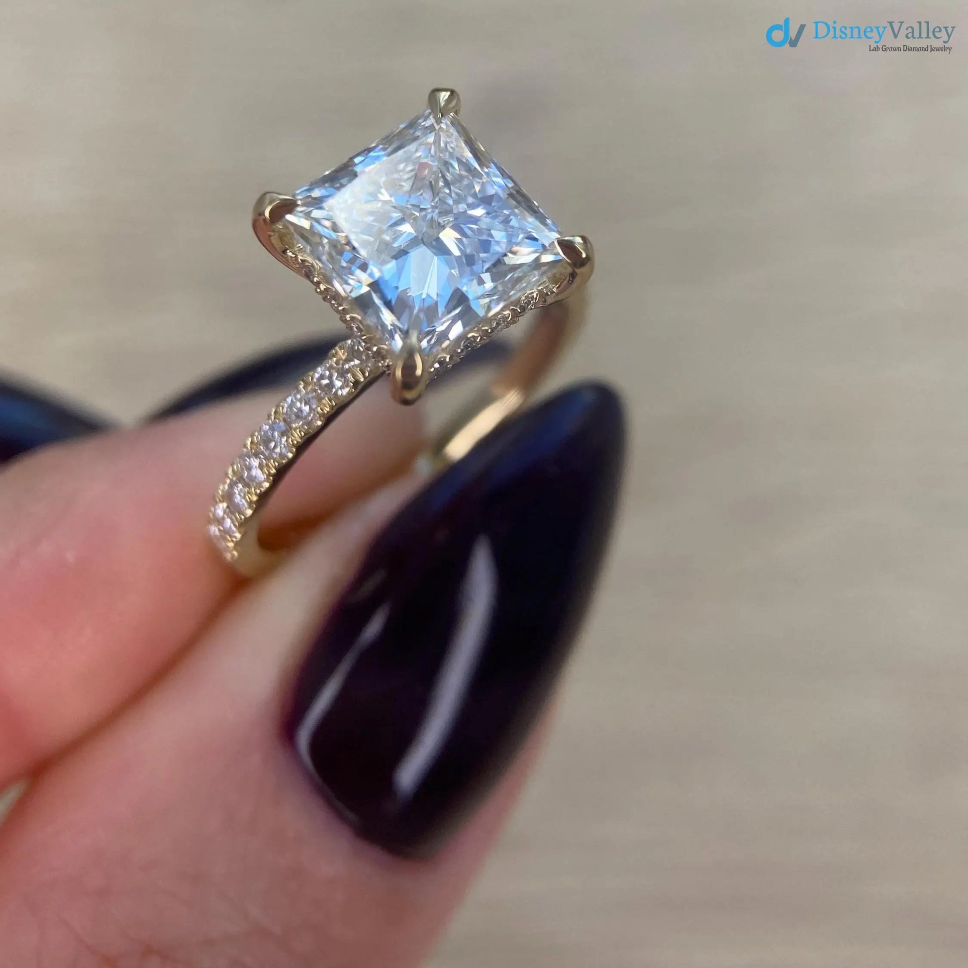 2.35 CT Lab Grown Princess Cut Half Way Side Stones Hidden Halo Diamond Engagement Ring - DisneyValley
