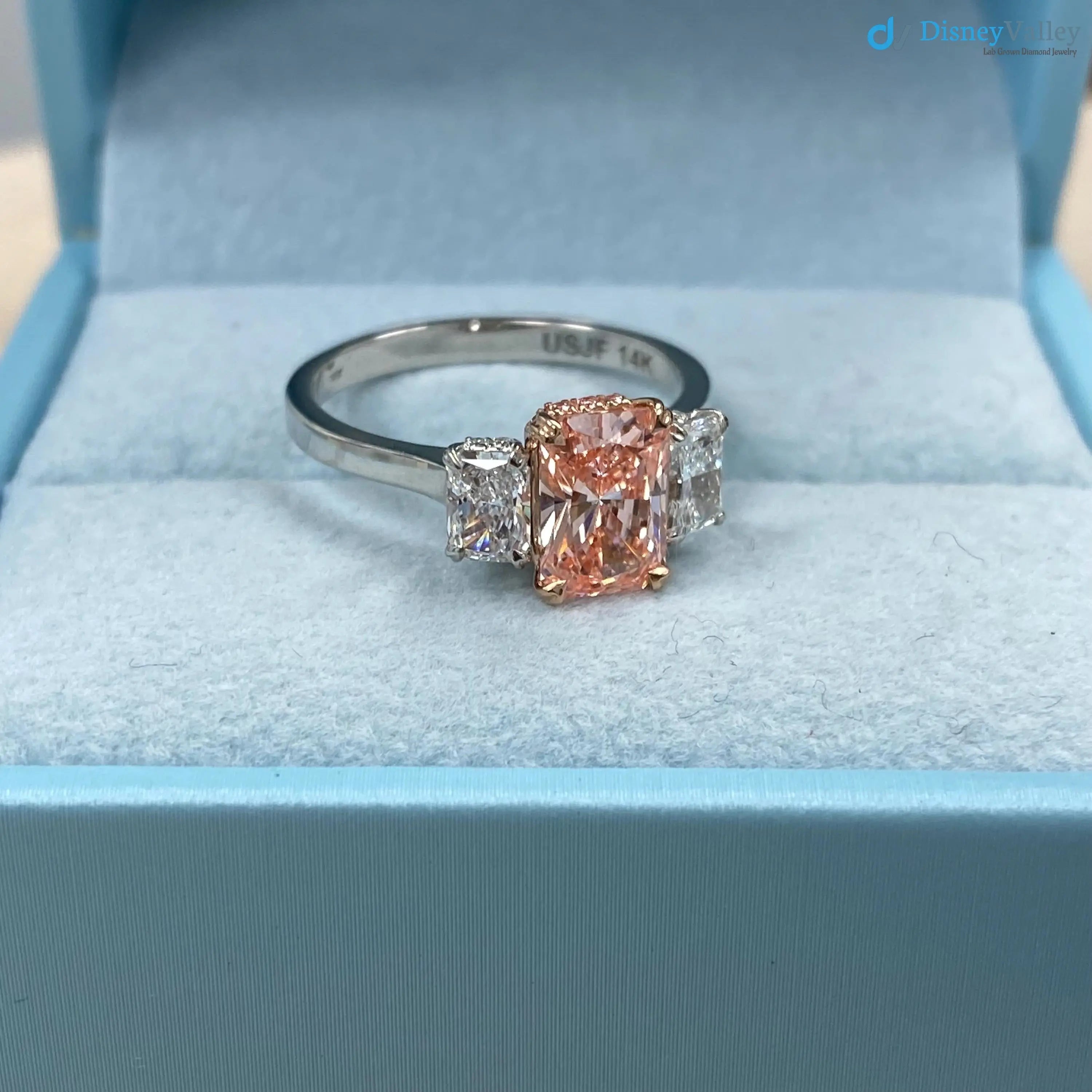 2.4 ct Radiant Cut Vivid Pink Lab Grown Diamond Engagement Ring DisneyValley