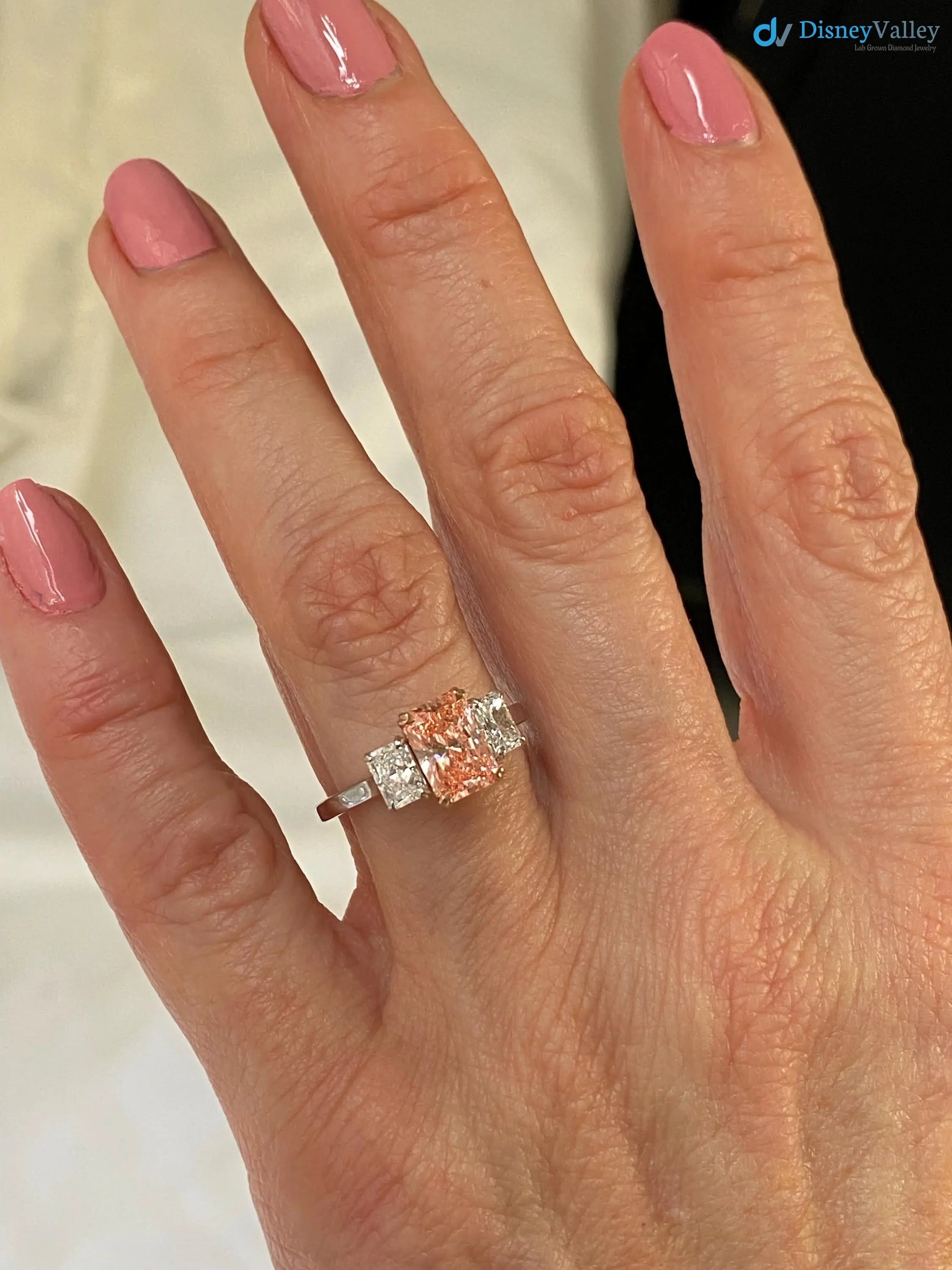 2.4 ct Radiant Cut Vivid Pink Lab Grown Diamond Engagement Ring DisneyValley