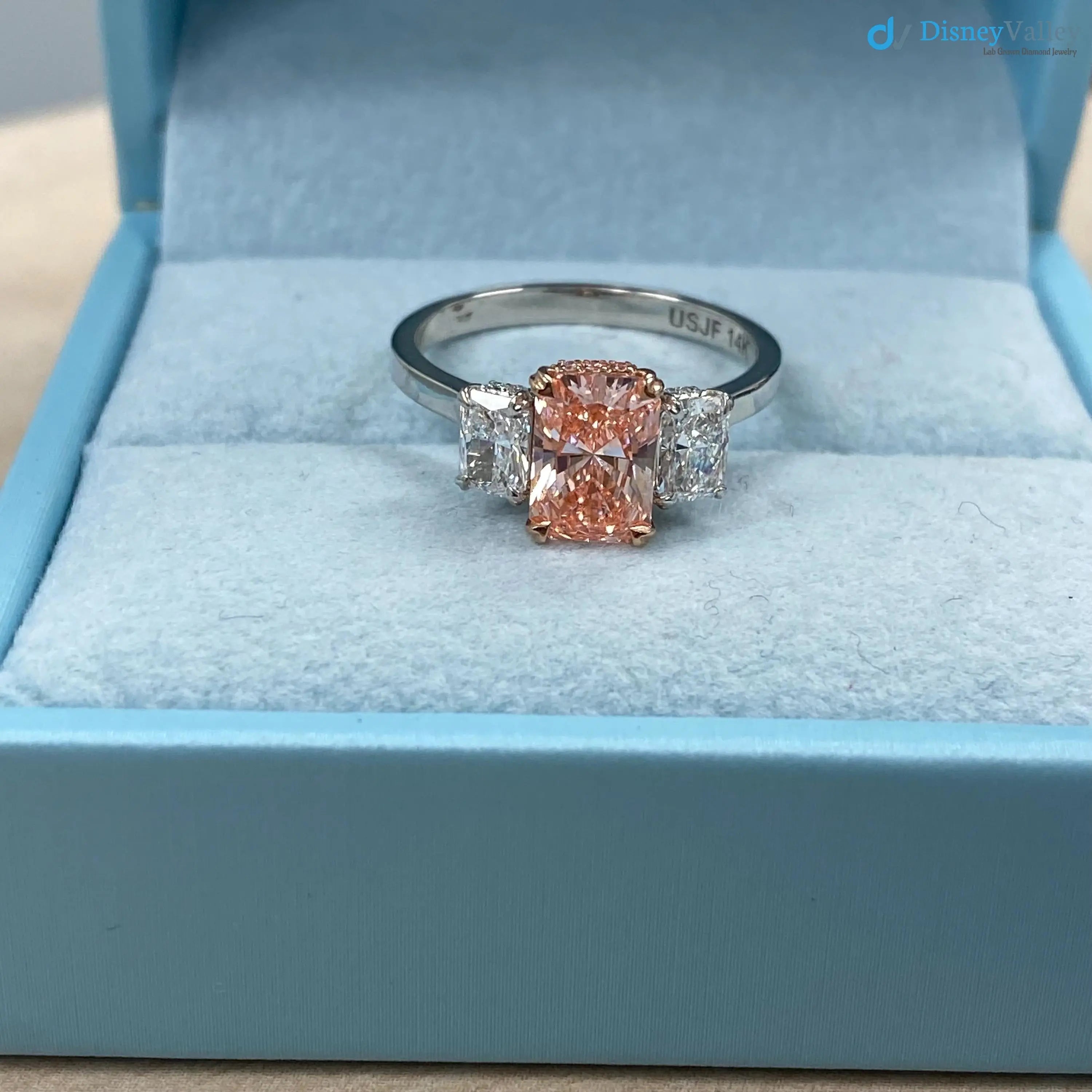 2.4 ct Radiant Cut Vivid Pink Lab Grown Diamond Engagement Ring DisneyValley