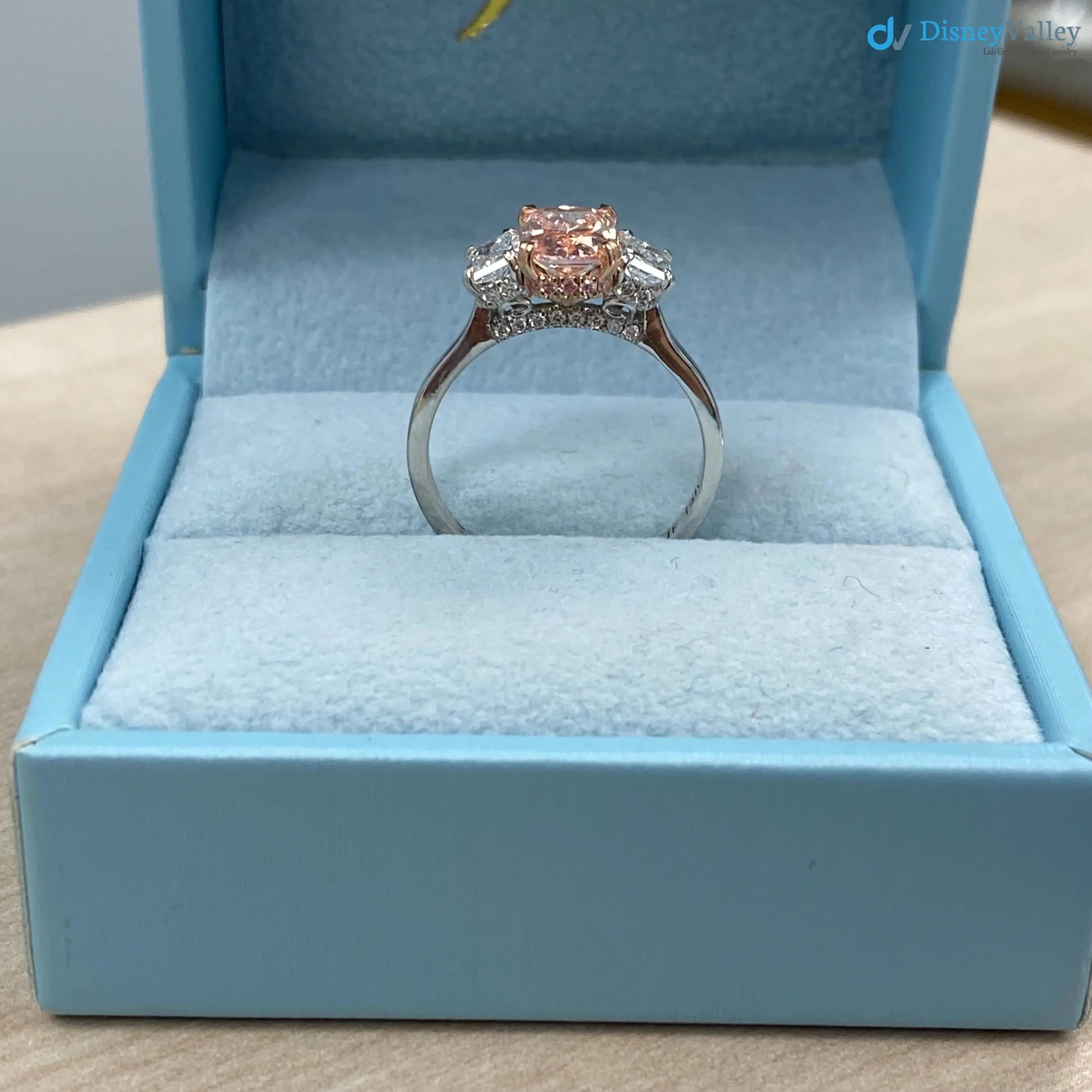 2.4 ct Radiant Cut Vivid Pink Lab Grown Diamond Engagement Ring DisneyValley
