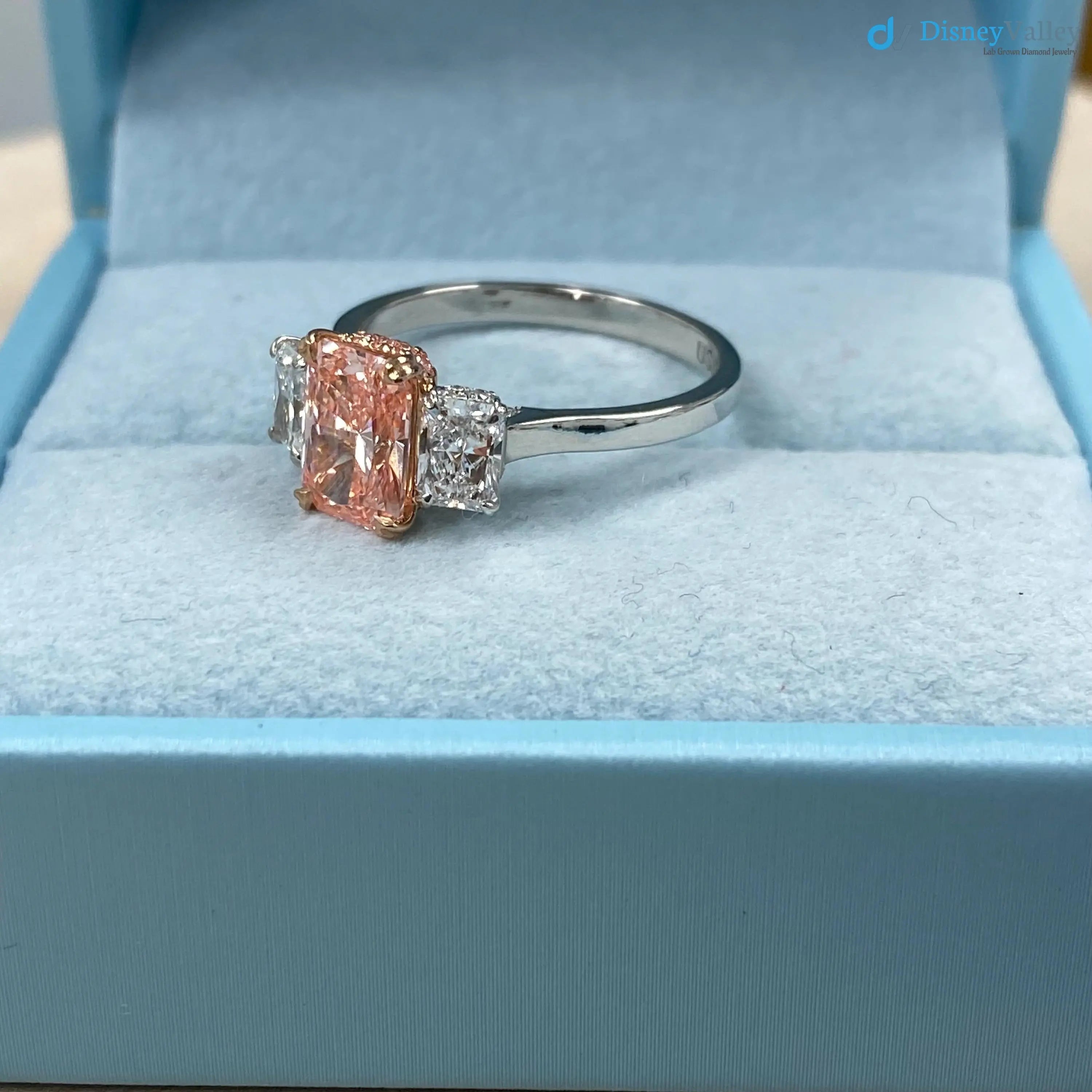 2.4 ct Radiant Cut Vivid Pink Lab Grown Diamond Engagement Ring DisneyValley
