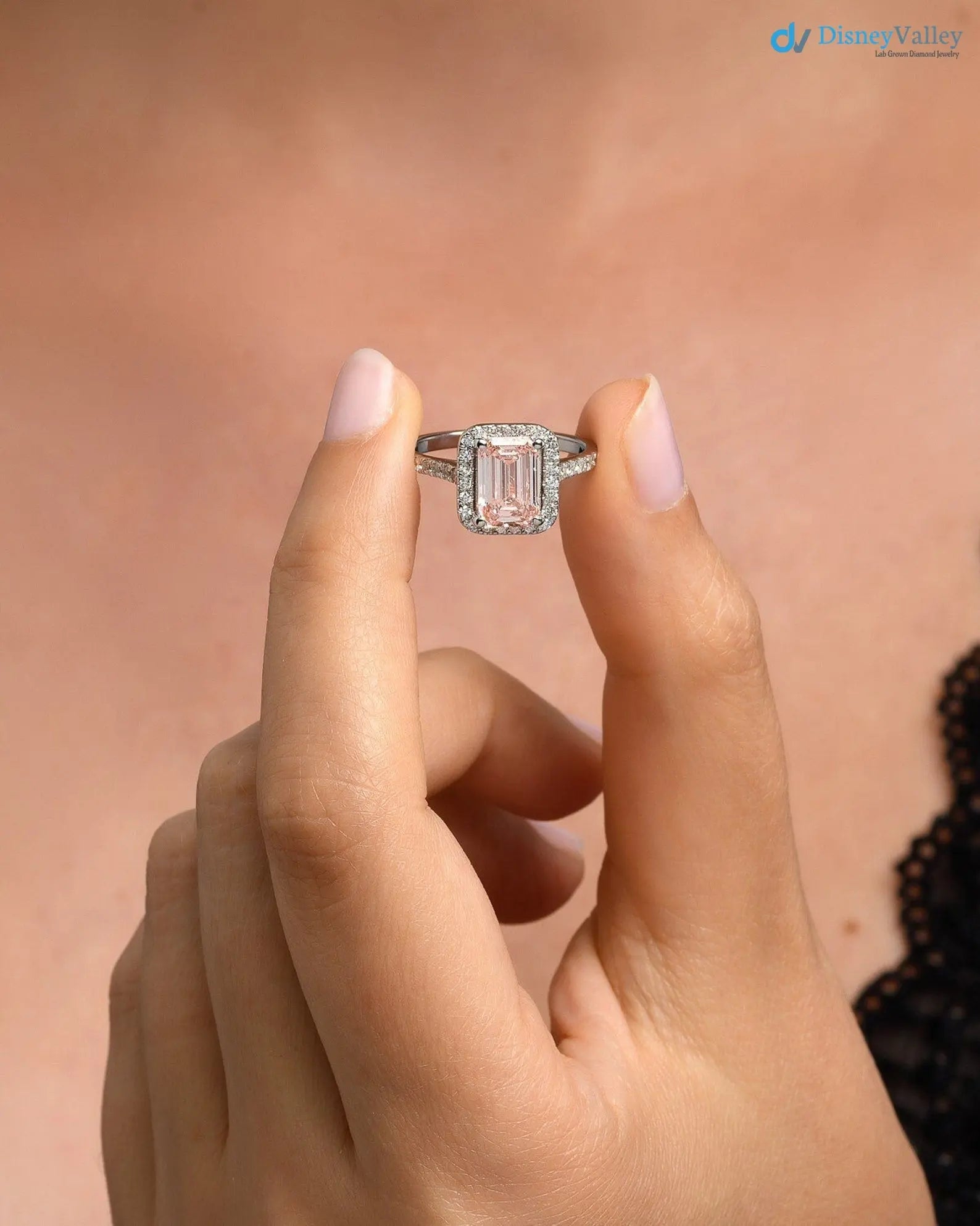 2.5 Carat IGI Fancy Vivid Pink Color Emerald Cut Lab Grown Halo Engagement ring - DisneyValley Main image