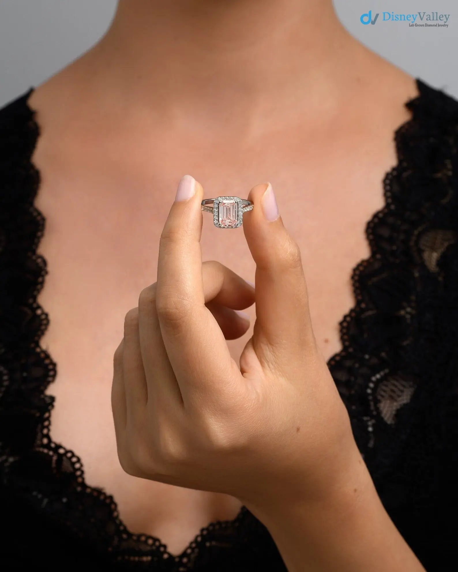 2.5 Carat IGI Fancy Vivid Pink Color Emerald Cut Lab Grown Halo Engagement ring - DisneyValley