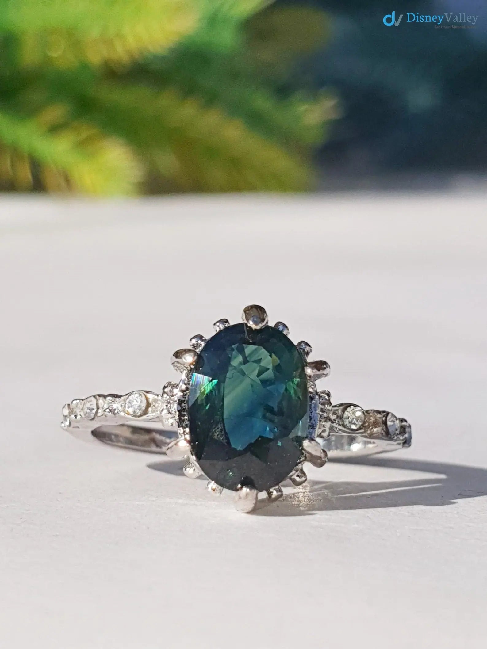 2.5 carat Peacock blue Sapphire oval cut lab grown Engagement Ring - DisneyValley