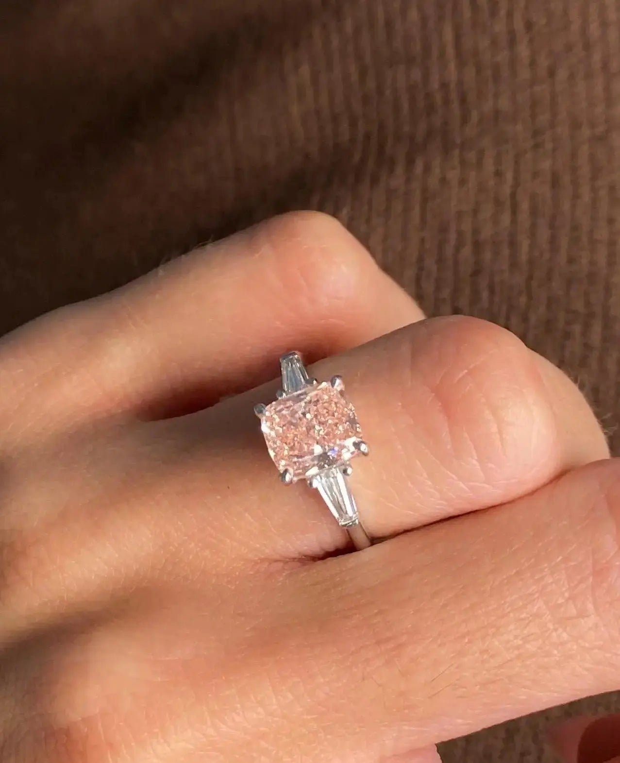 2.50 Carat Cushion Fancy Vivid Pink Lab Diamond three Stone Engagement Ring DisneyValley Main image