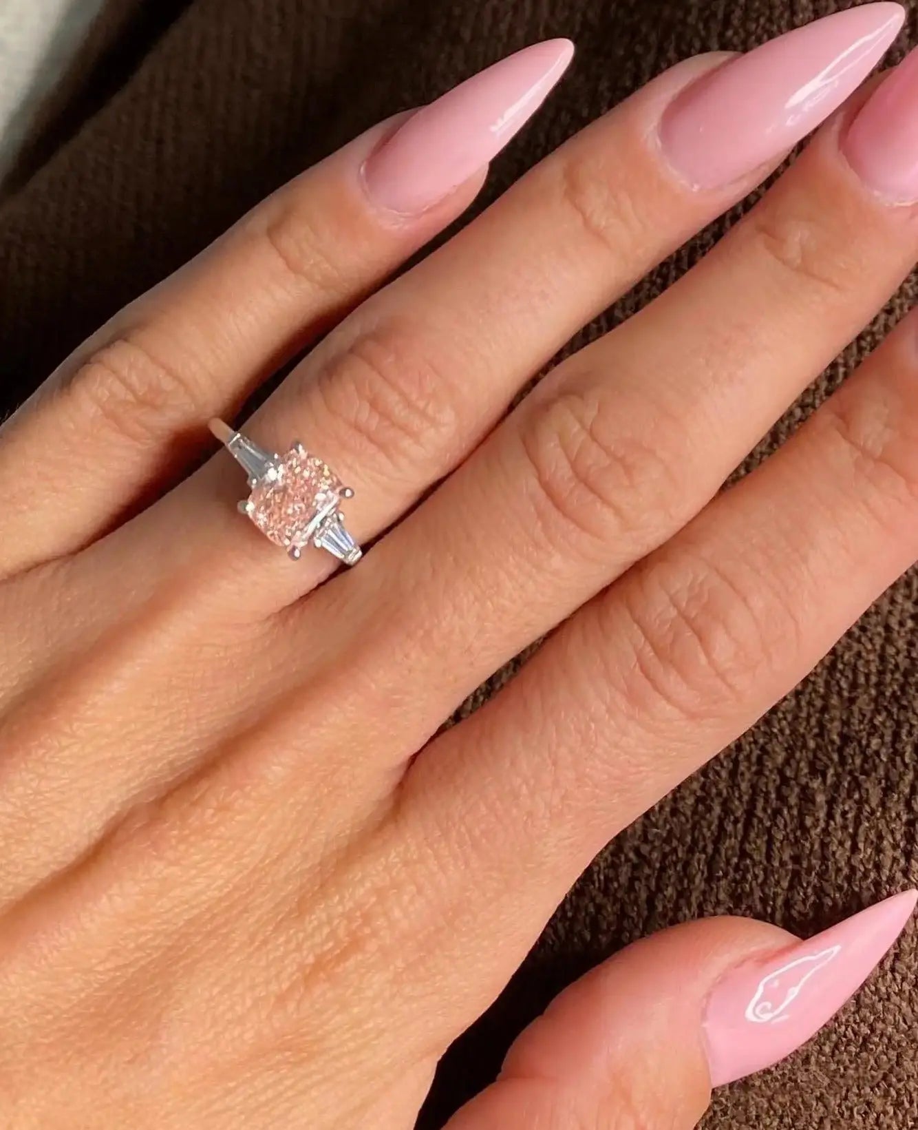 2.50 Carat Cushion Fancy Vivid Pink Lab Diamond three Stone Engagement Ring DisneyValley