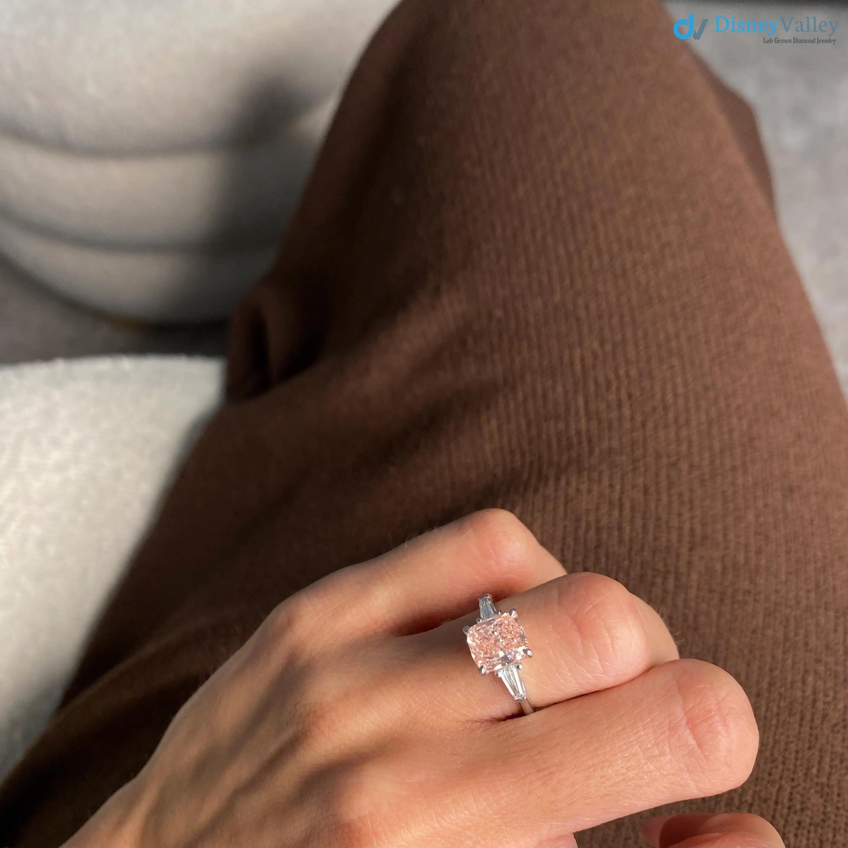 2.50 Carat Cushion Fancy Vivid Pink Lab Diamond three Stone Engagement Ring DisneyValley
