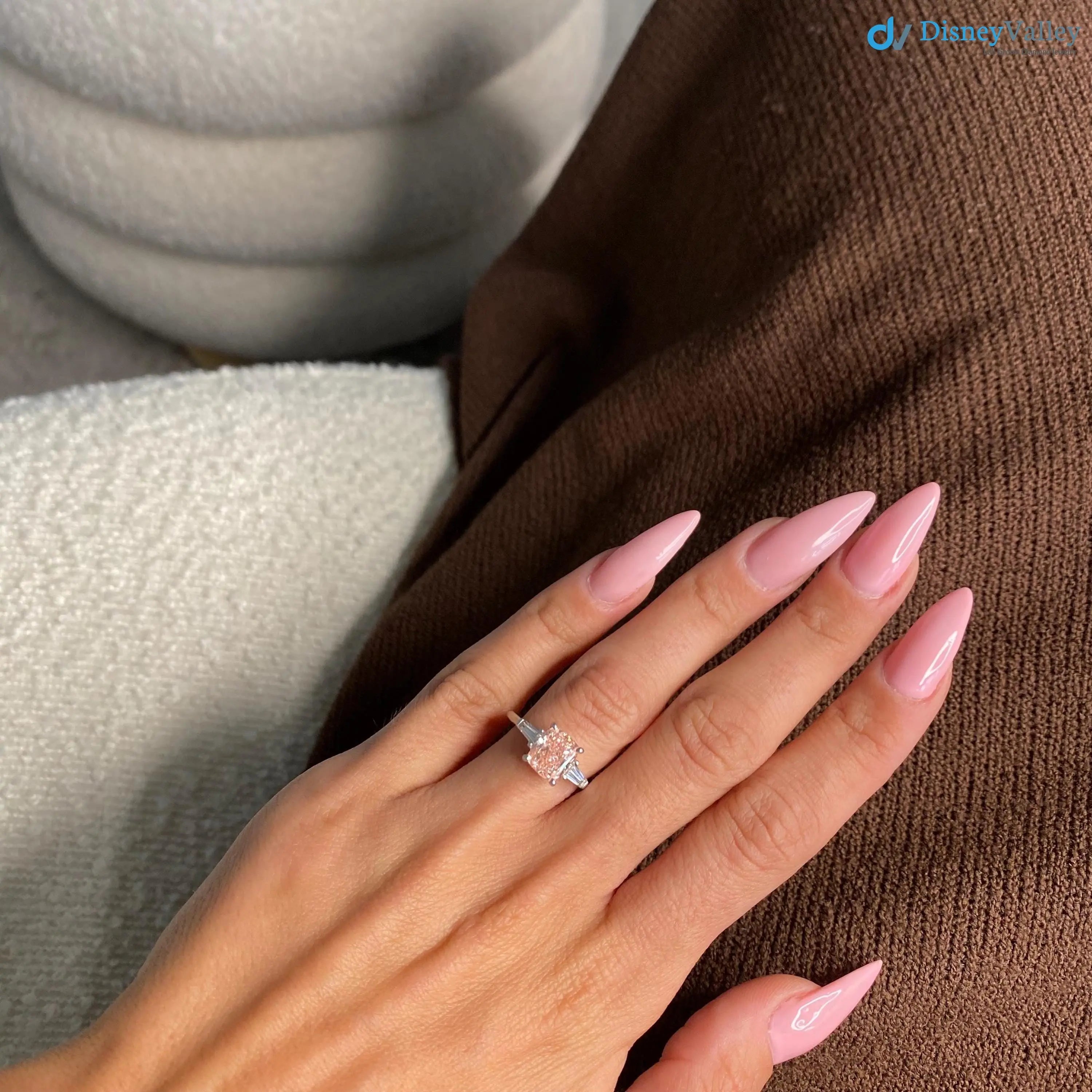 2.50 Carat Cushion Fancy Vivid Pink Lab Diamond three Stone Engagement Ring DisneyValley