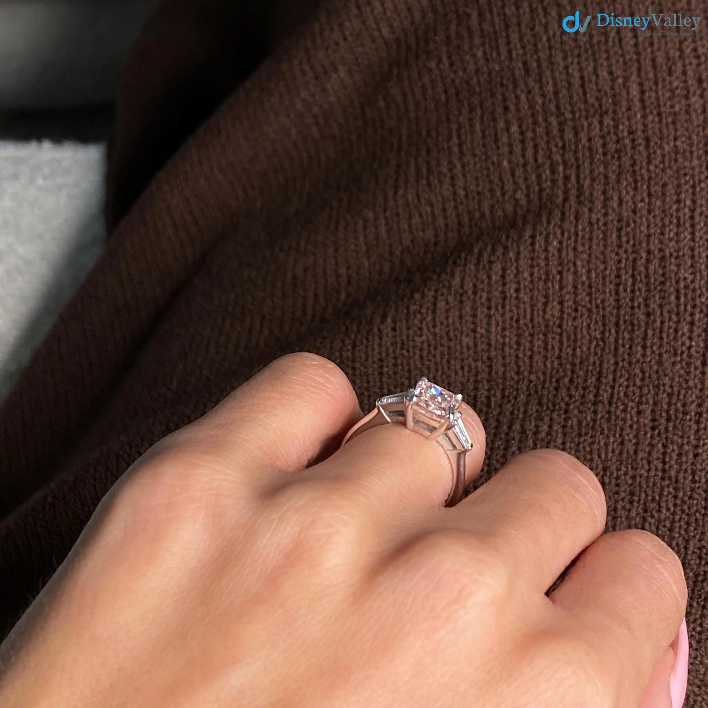 2.50 Carat Cushion Fancy Vivid Pink Lab Diamond three Stone Engagement Ring DisneyValley
