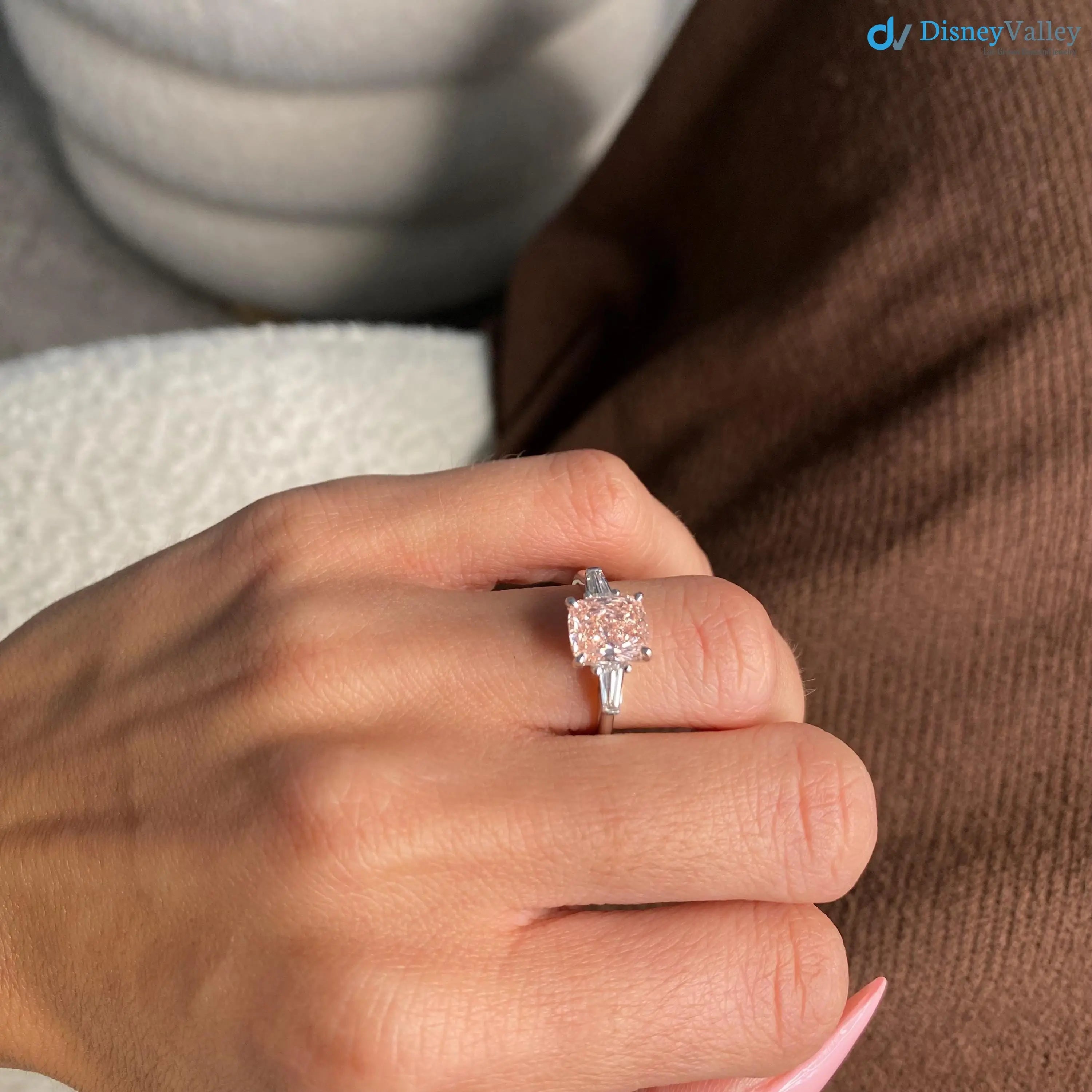 2.50 Carat Cushion Fancy Vivid Pink Lab Diamond three Stone Engagement Ring DisneyValley