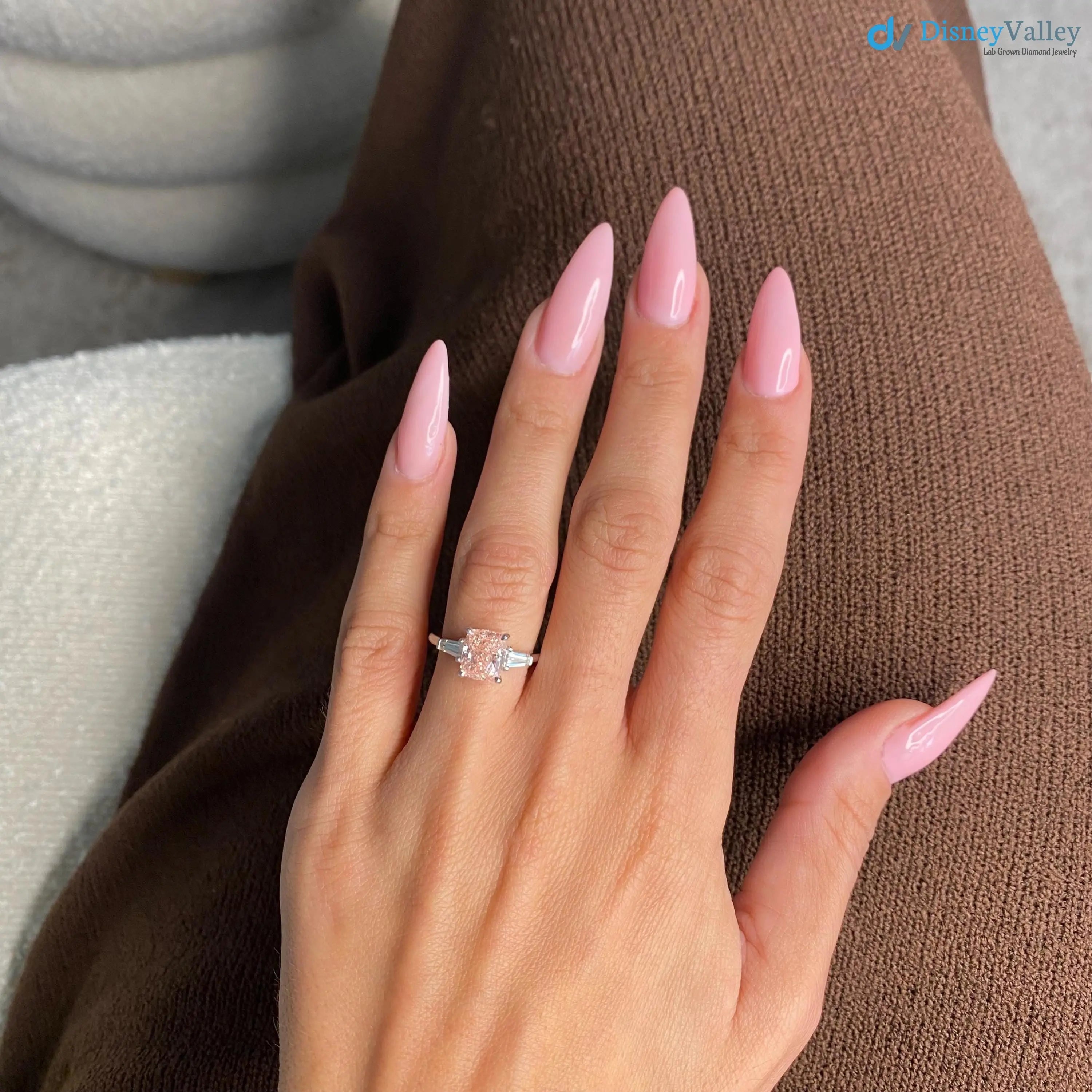 2.50 Carat Cushion Fancy Vivid Pink Lab Diamond three Stone Engagement Ring DisneyValley