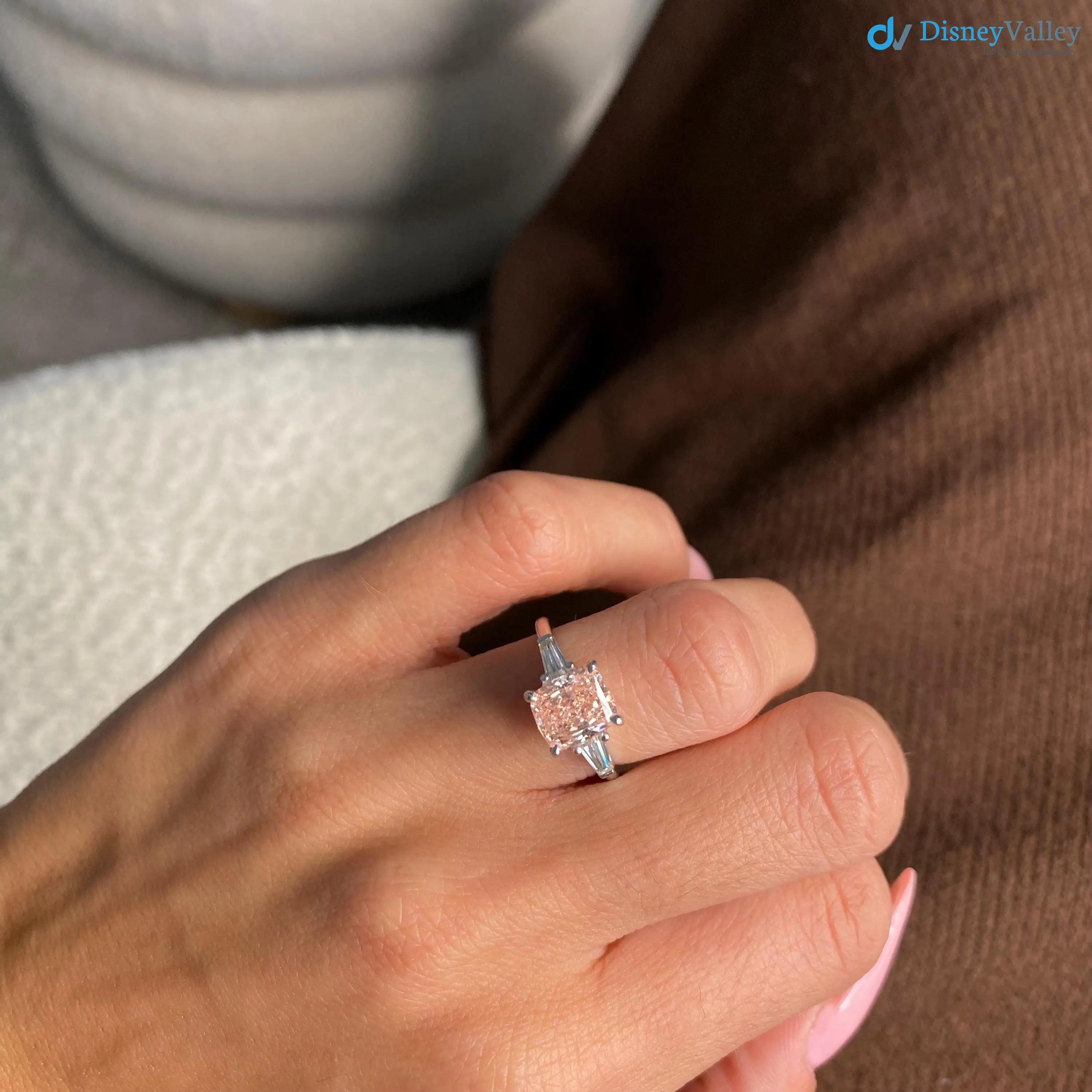 2.50 Carat Cushion Fancy Vivid Pink Lab Diamond three Stone Engagement Ring DisneyValley