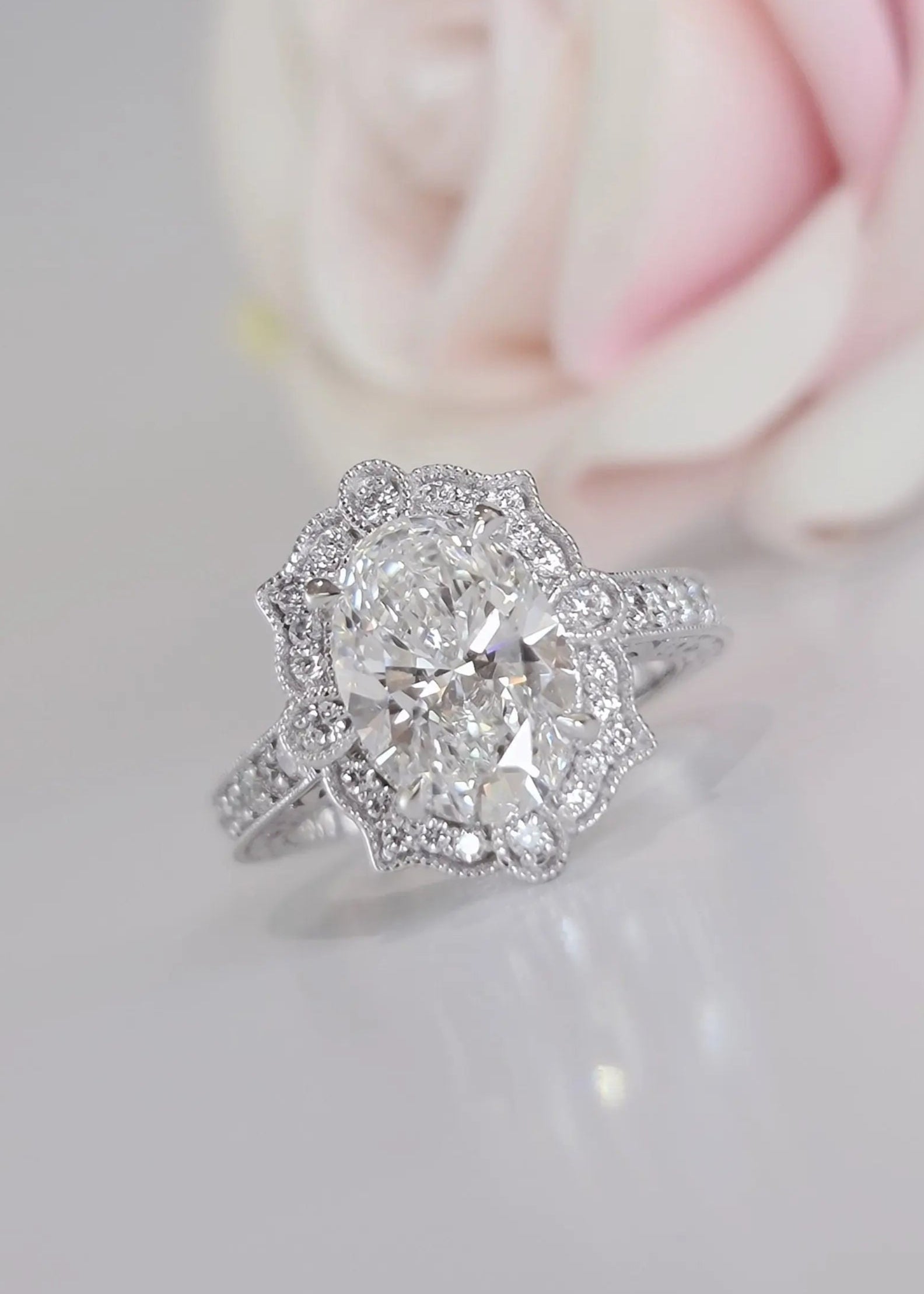 2.5CT oval Diamond halo art deco design engagement ring - DisneyValley Main image