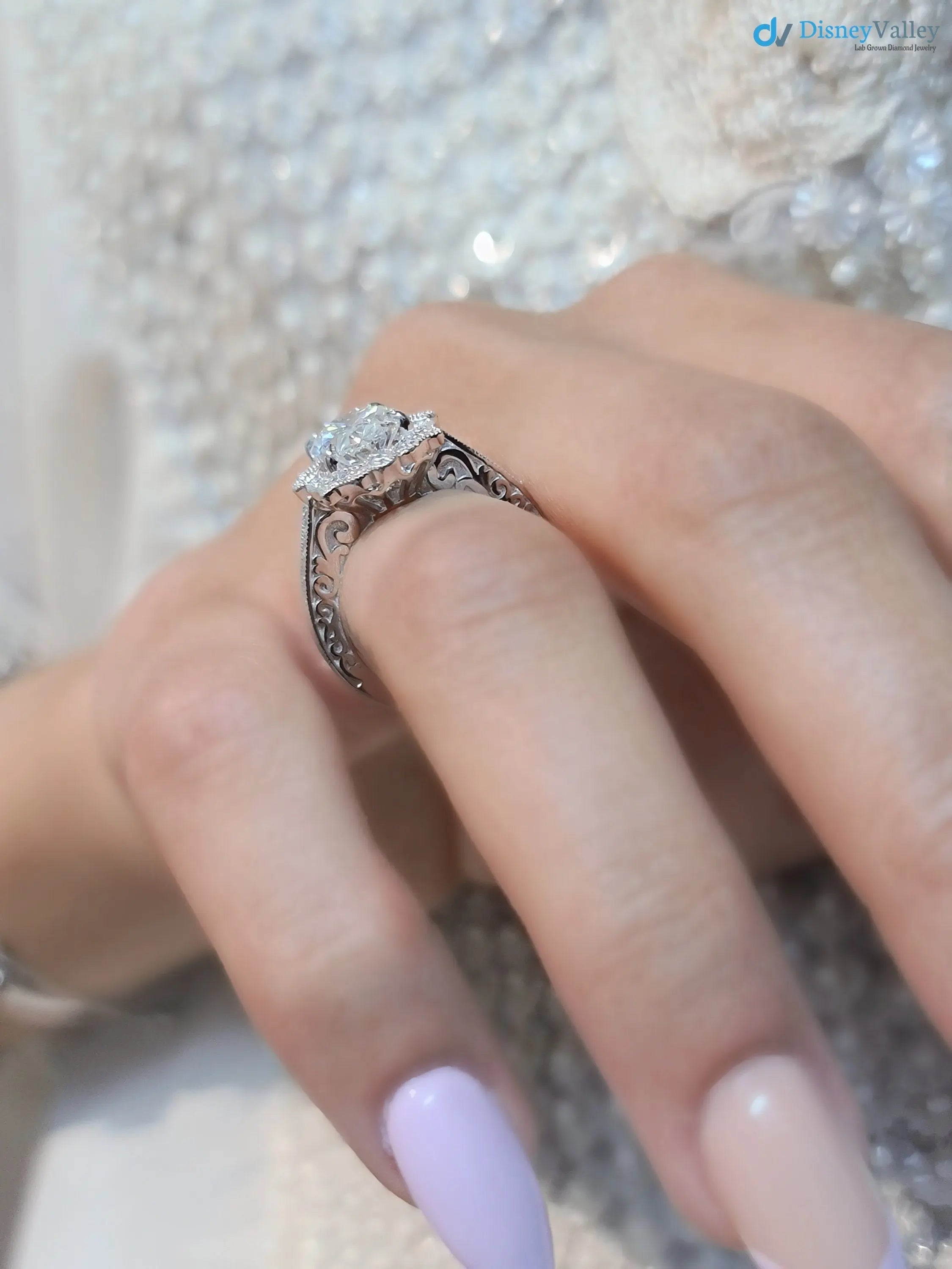 2.5CT oval Diamond halo art deco design engagement ring - DisneyValley