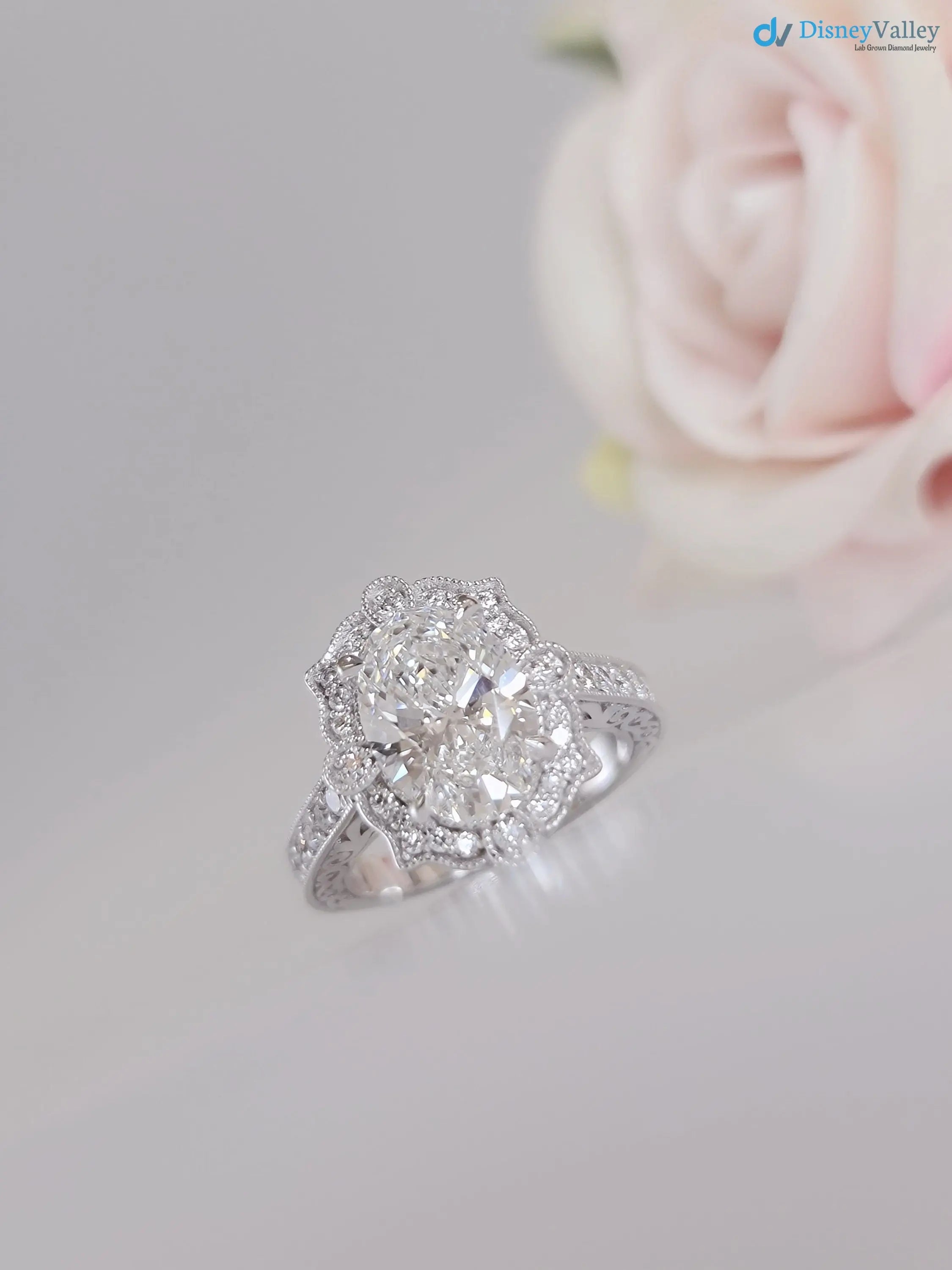 2.5CT oval Diamond halo art deco design engagement ring - DisneyValley