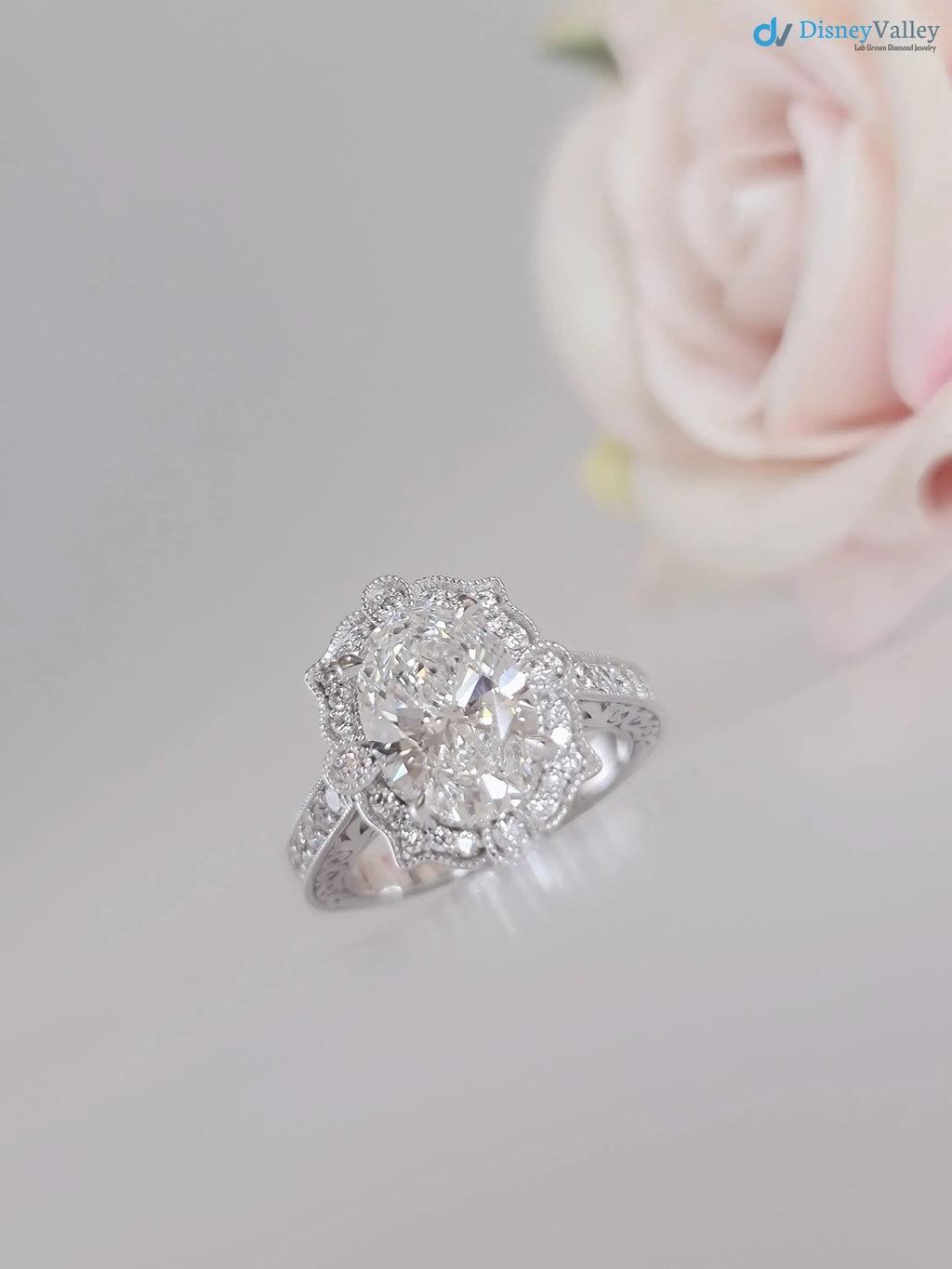 2.5CT oval Diamond halo art deco design engagement ring - DisneyValley