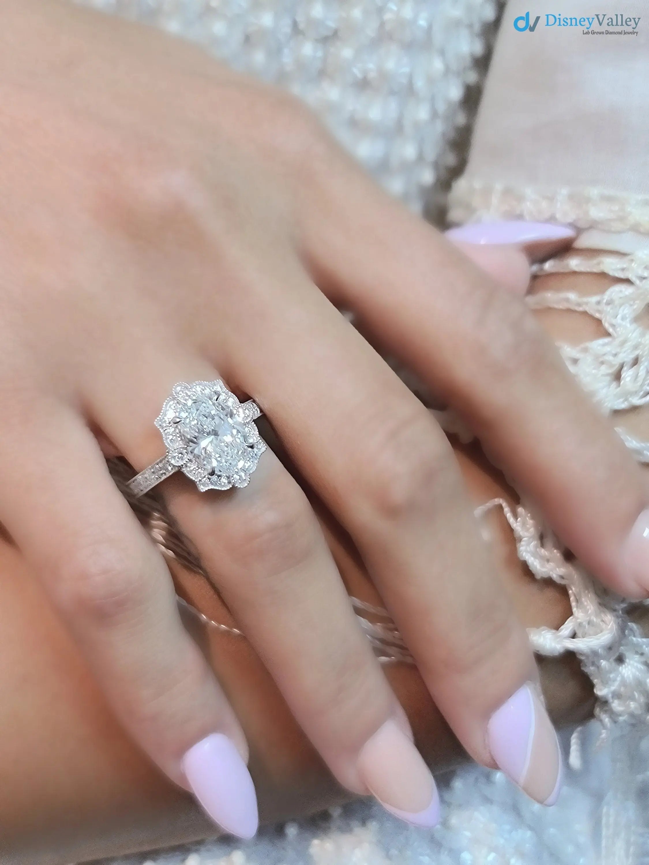 2.5CT oval Diamond halo art deco design engagement ring - DisneyValley