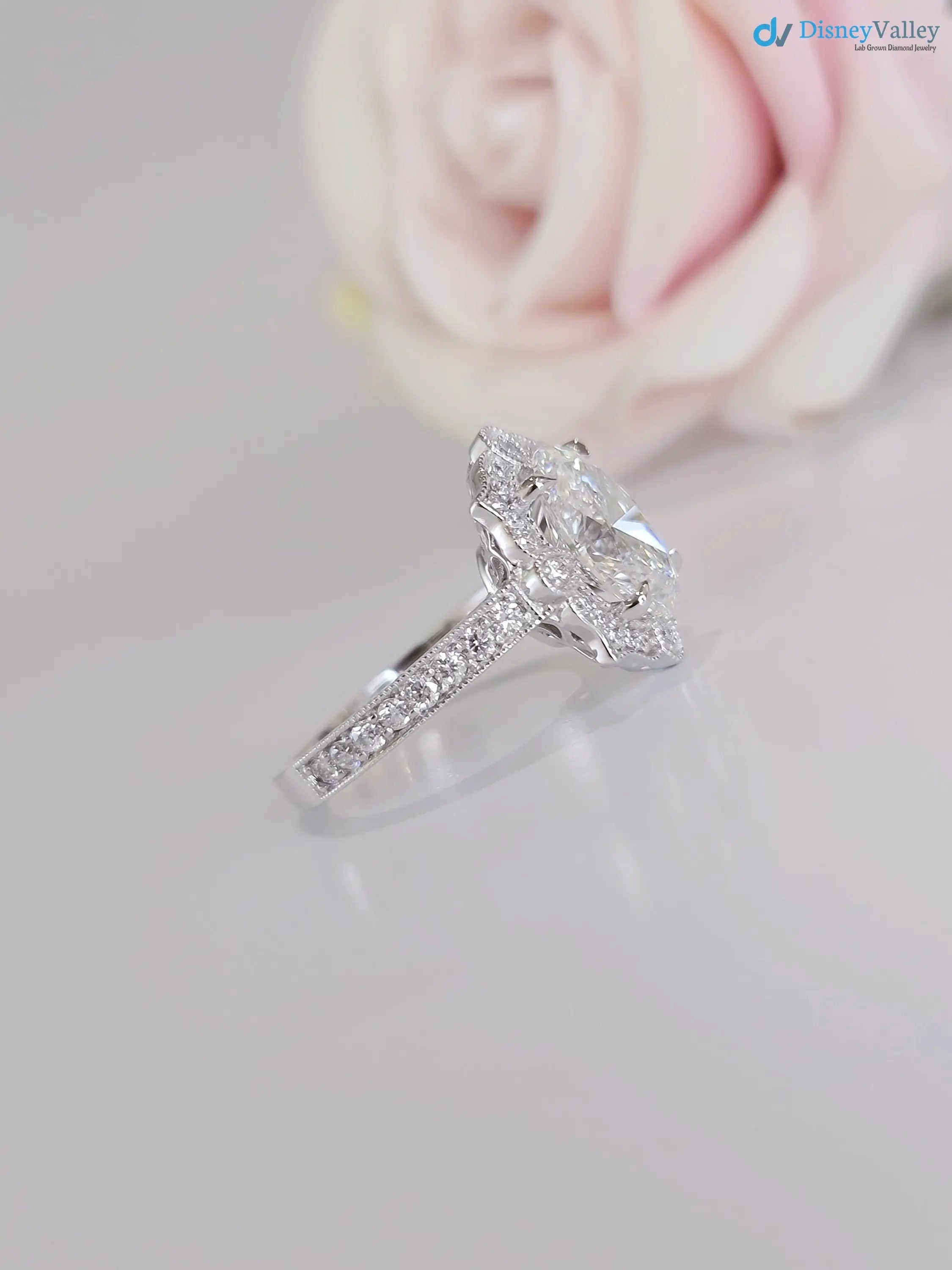 2.5CT oval Diamond halo art deco design engagement ring - DisneyValley