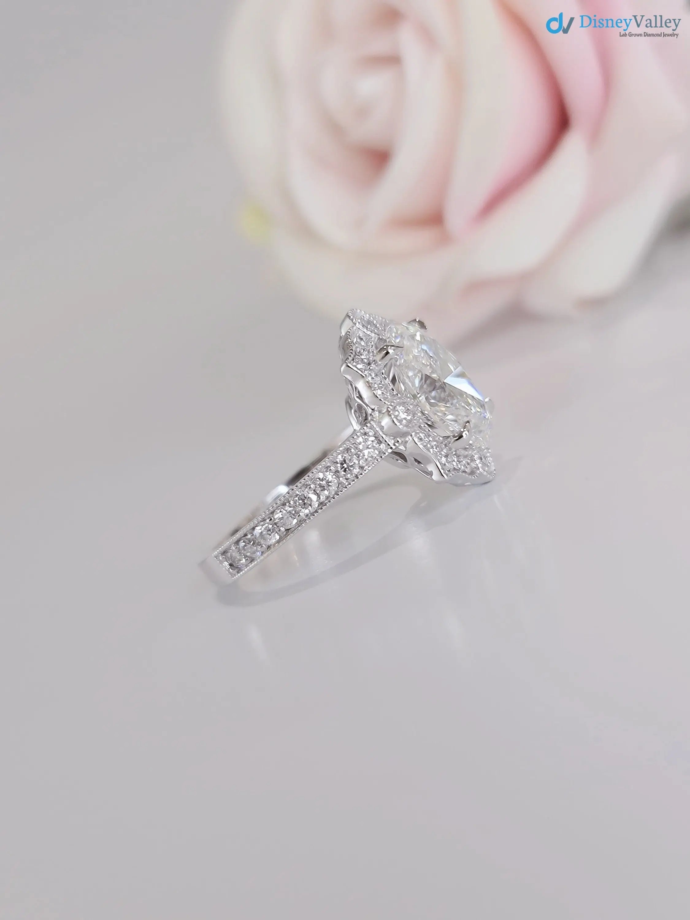 2.5CT oval Diamond halo art deco design engagement ring - DisneyValley