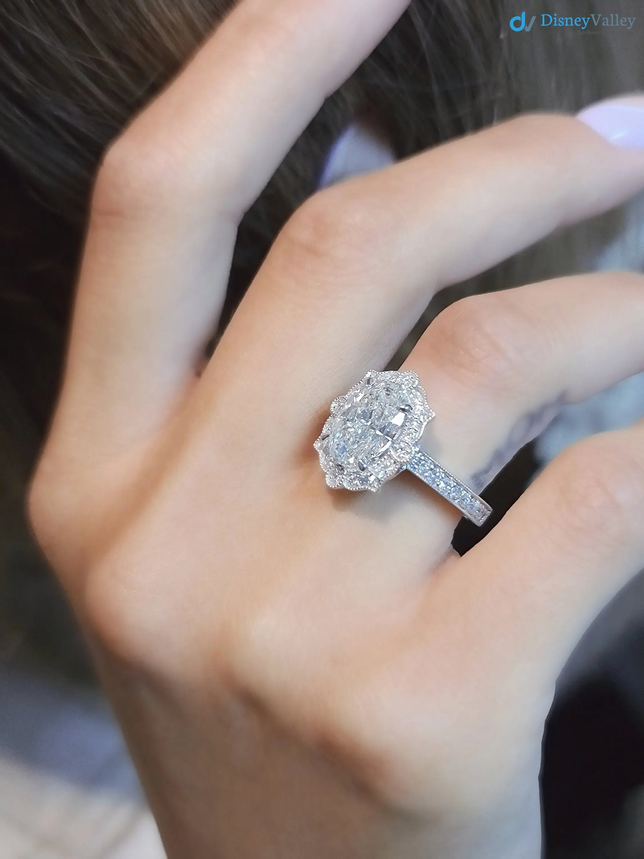 2.5CT oval Diamond halo art deco design engagement ring - DisneyValley