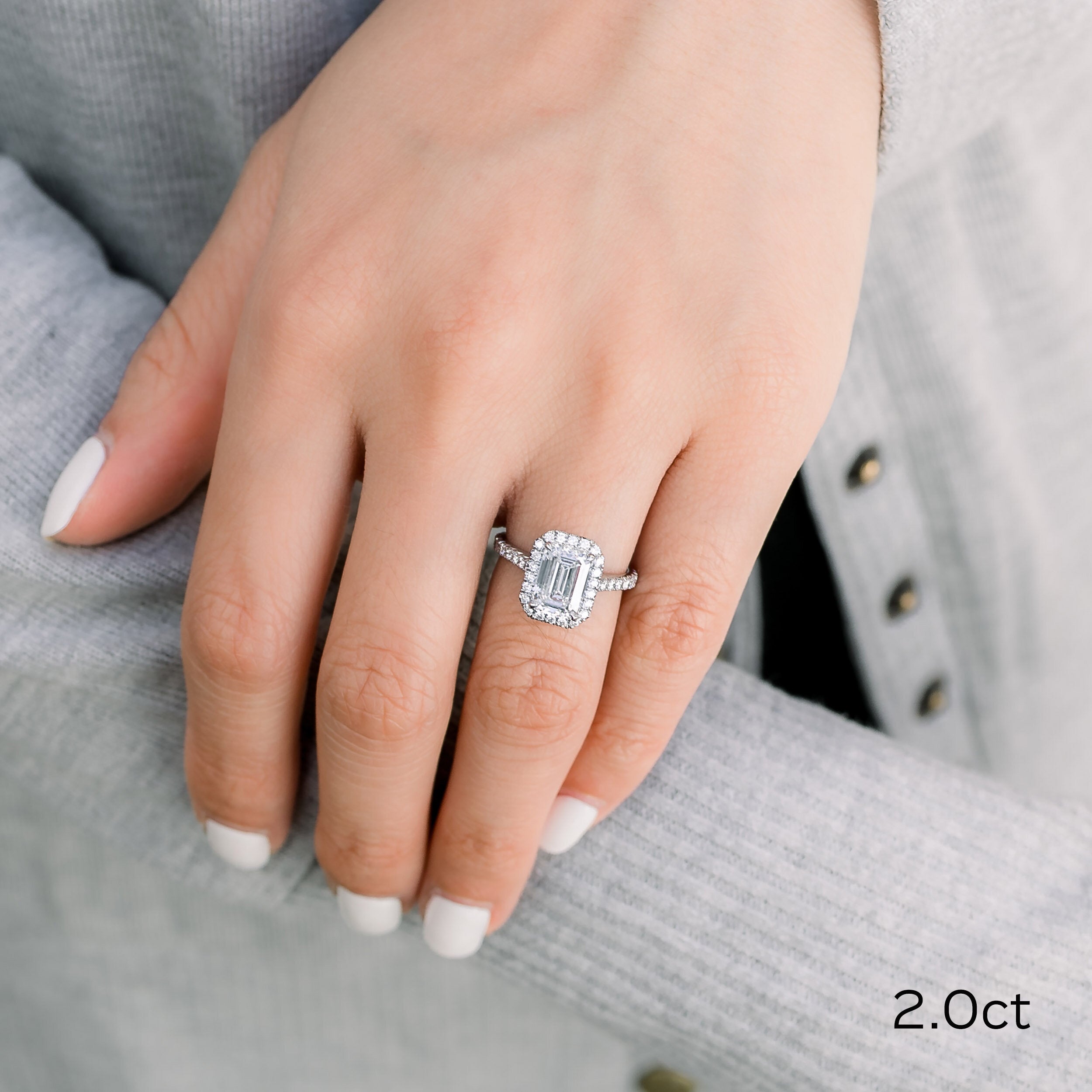 1.0 - 3.0 CT Emerald Cut Moissanite Halo Engagement Ring Secondary image