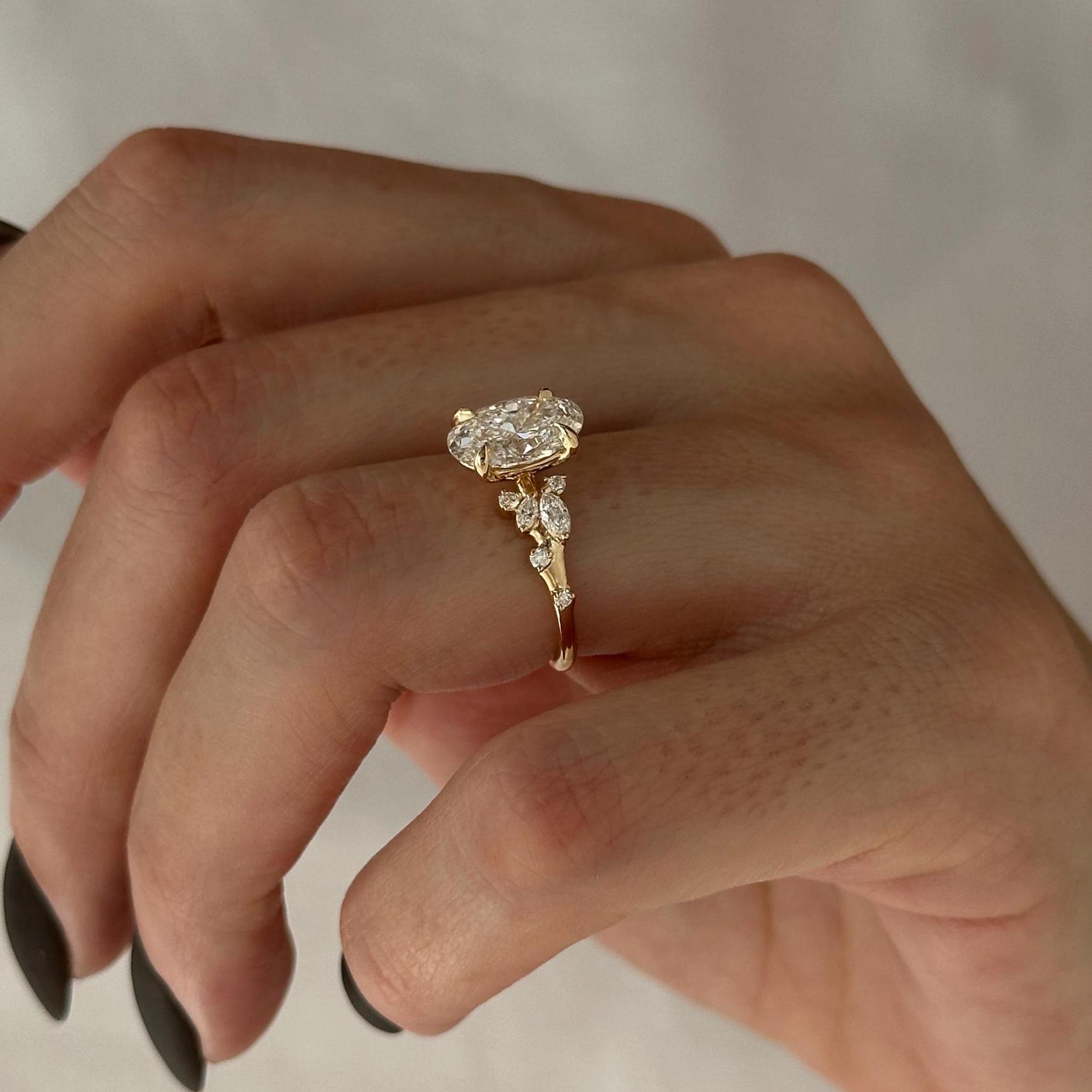 2.0 CT Oval Cut Moissanite Cluster Style Engagement Ring