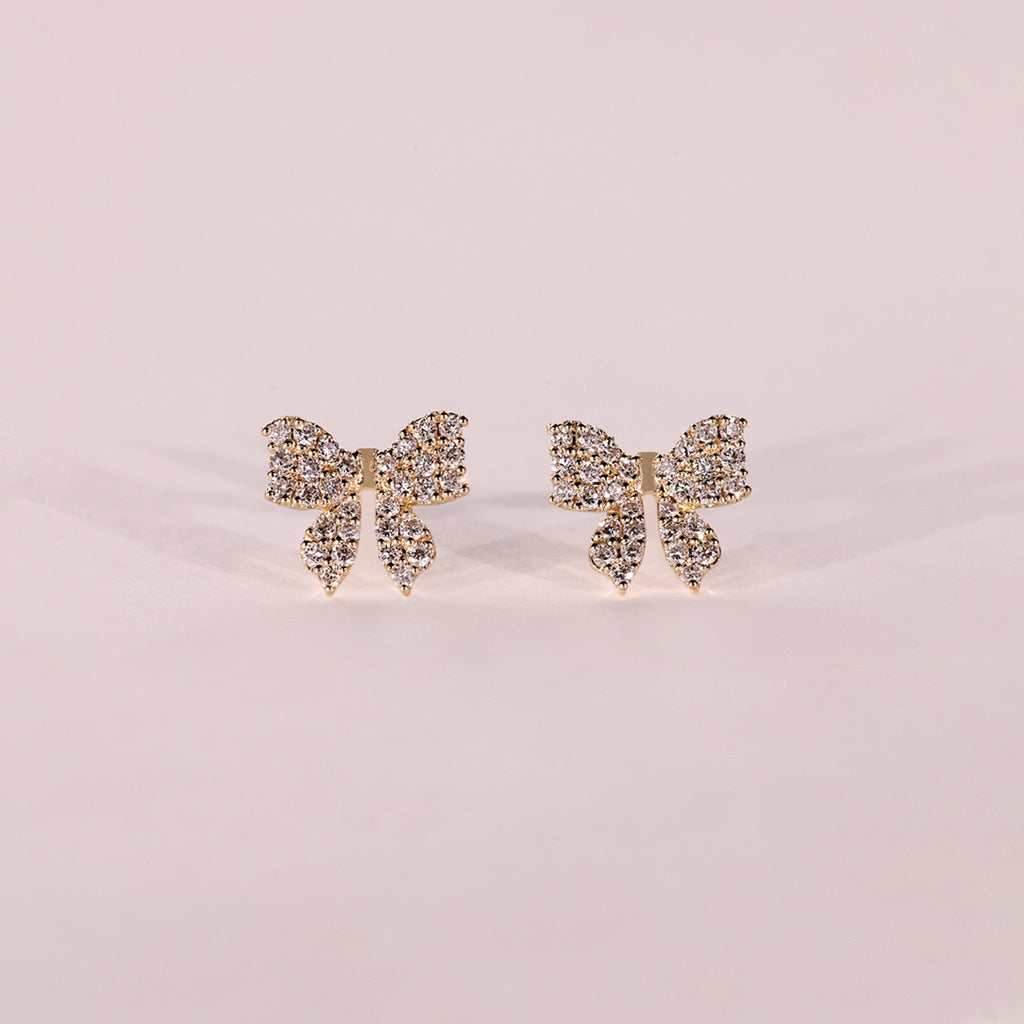 Round Cut Diamond Gold Bow Earrings