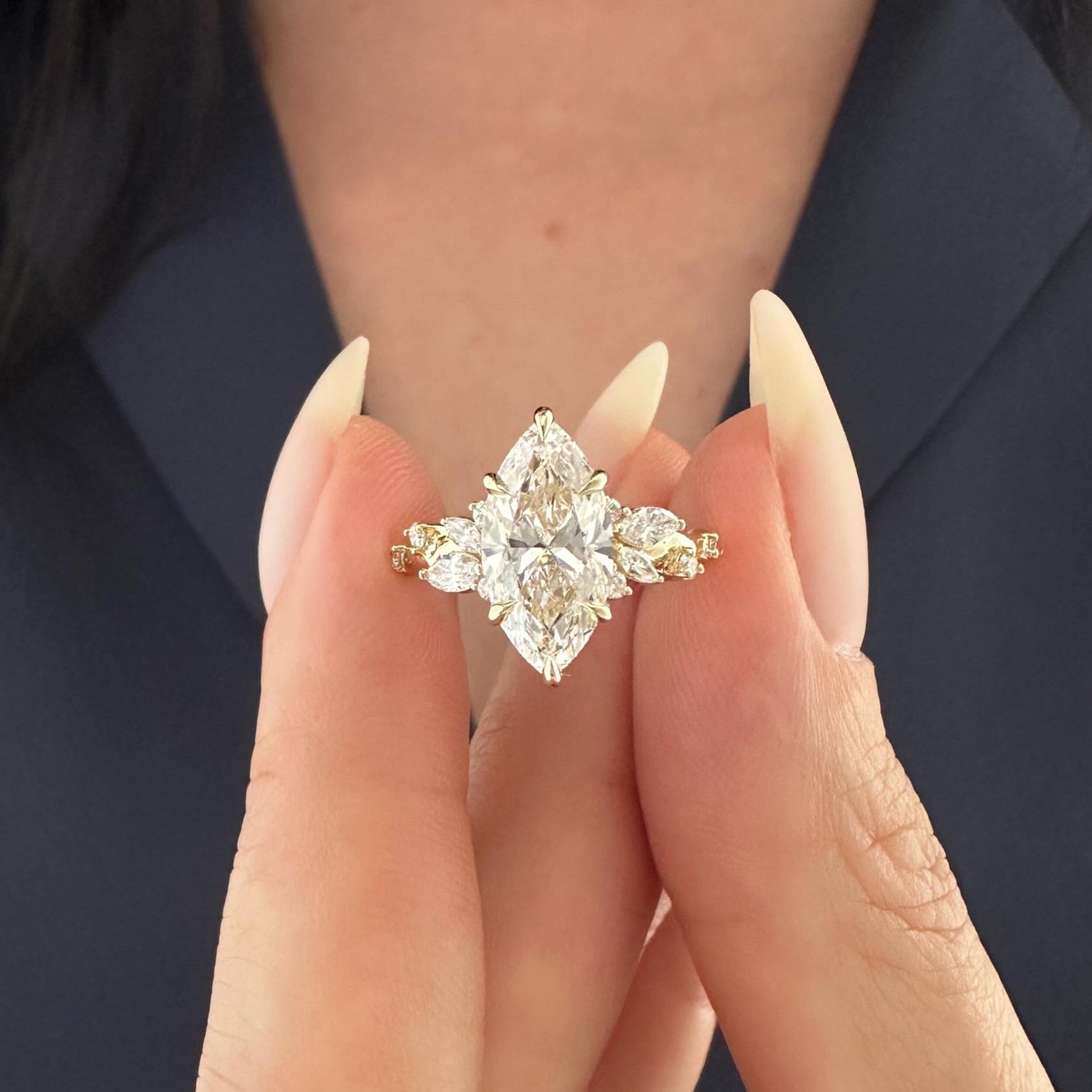 2.0 CT Marquise Cut Moissanite Cluster Style Engagement Ring