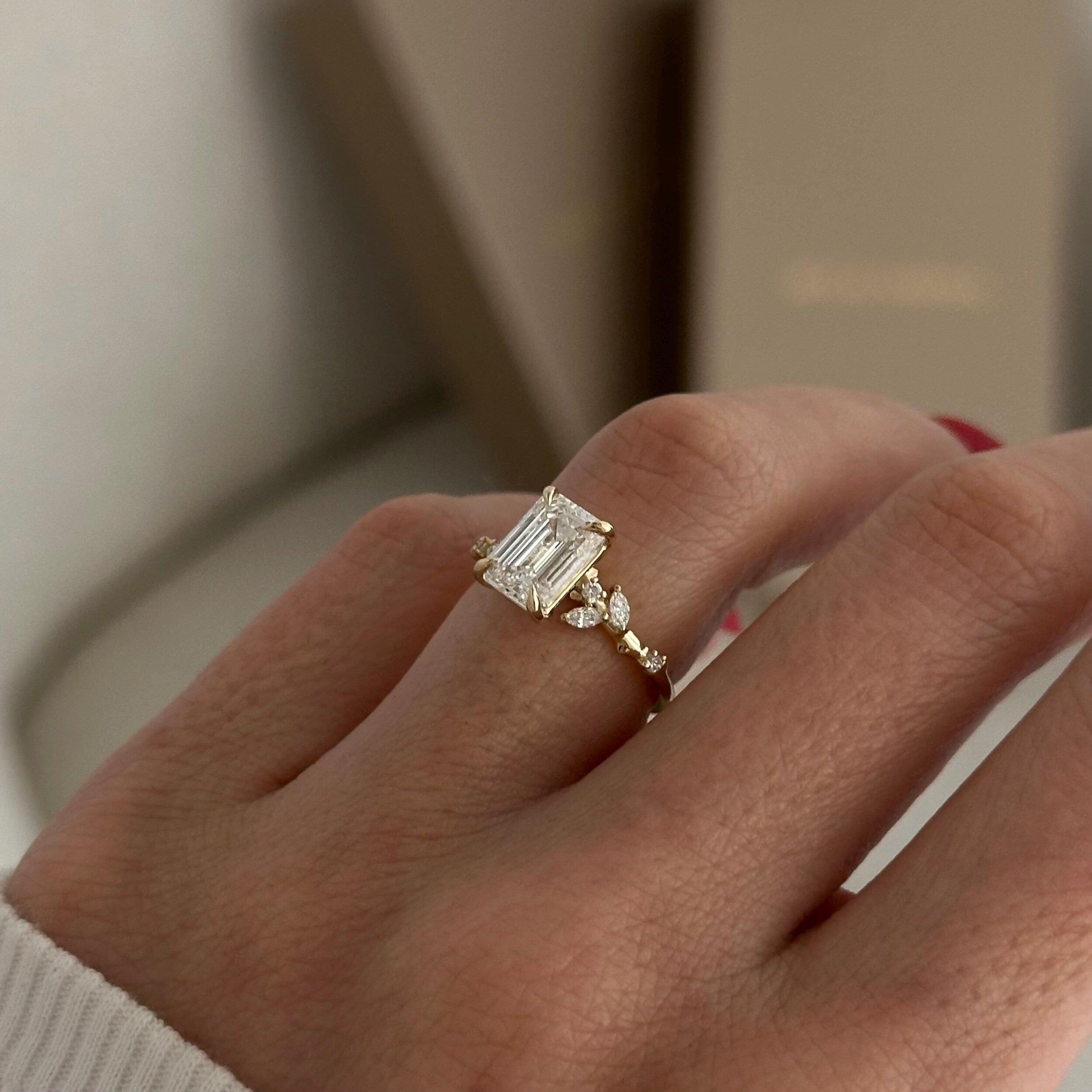 2.0 CT- 3.0 CT Emerald Cut Moissanite Cluster Style Engagement Ring
