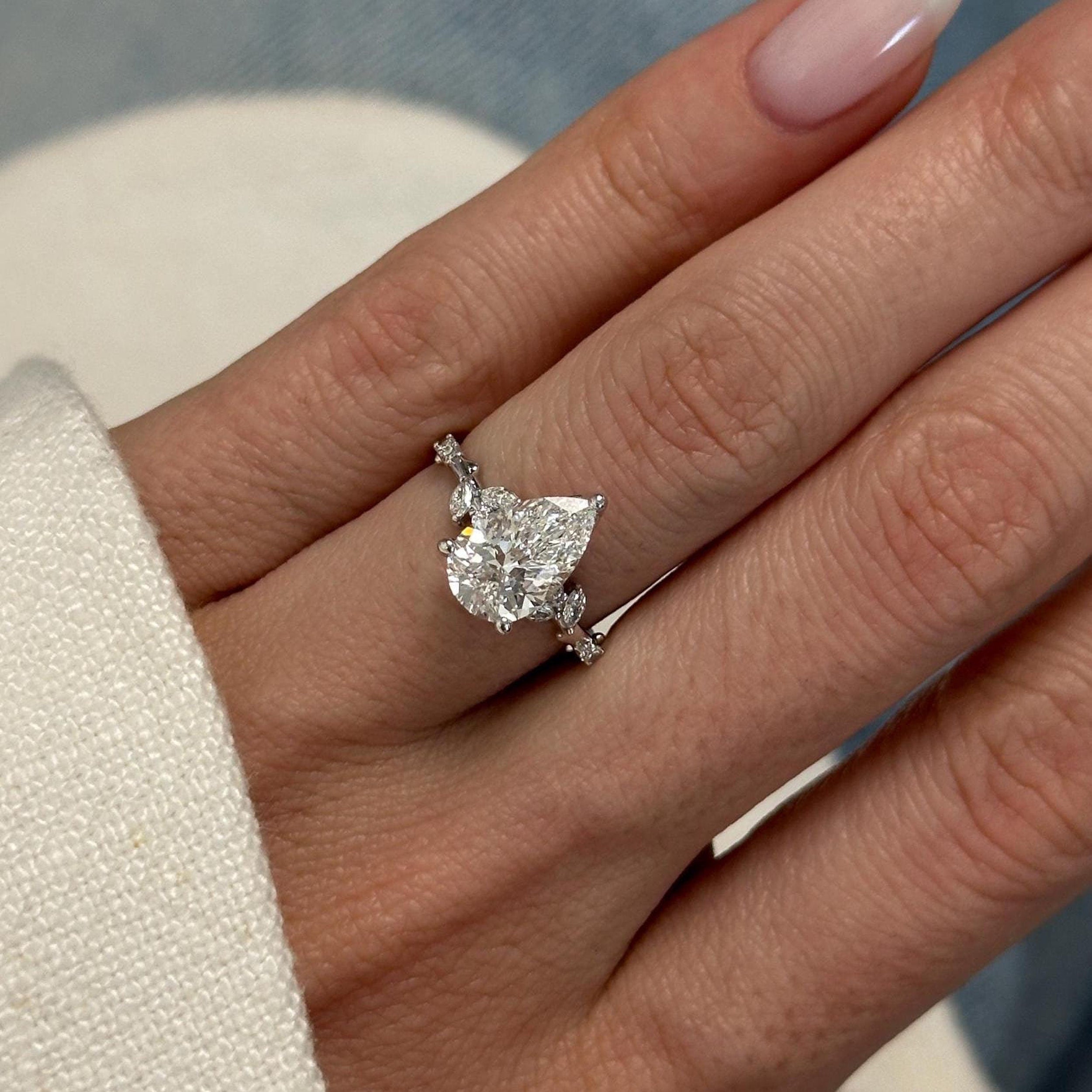 2.0 CT Pear Cut Moissanite Cluster Style Engagement Ring