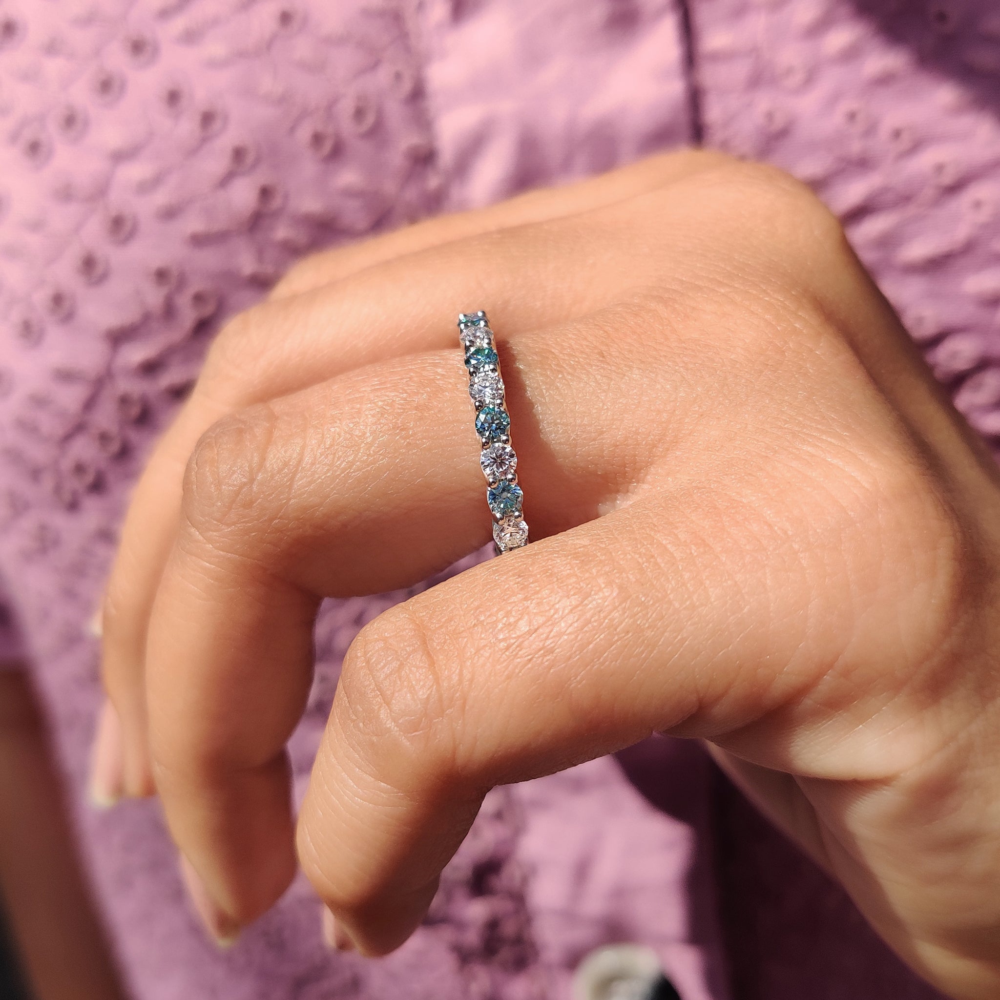Round Cut Cyan Blue Full Eternity Wedding Band