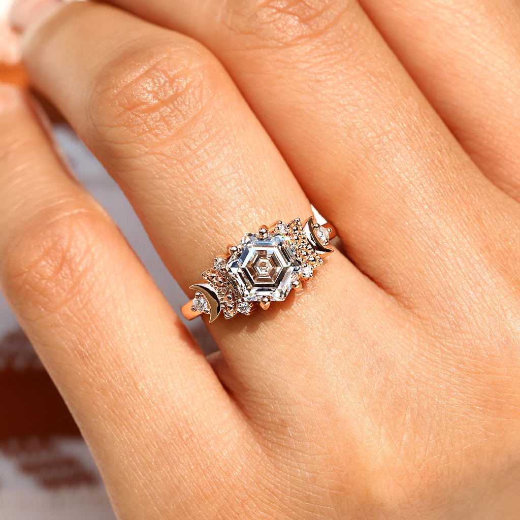 Hexagon Step Cut Vintage Diamond Engagement Ring
