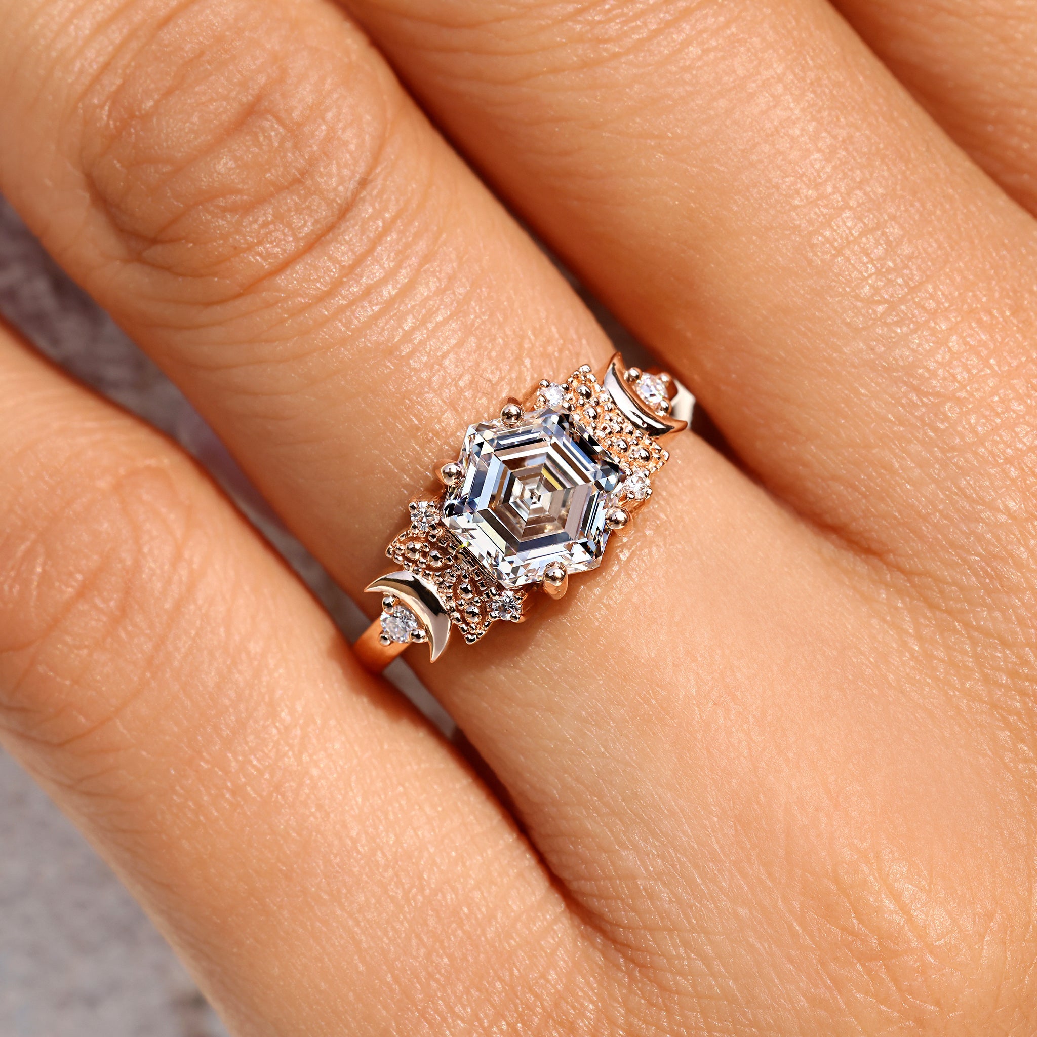 Hexagon Step Cut Vintage Diamond Engagement Ring