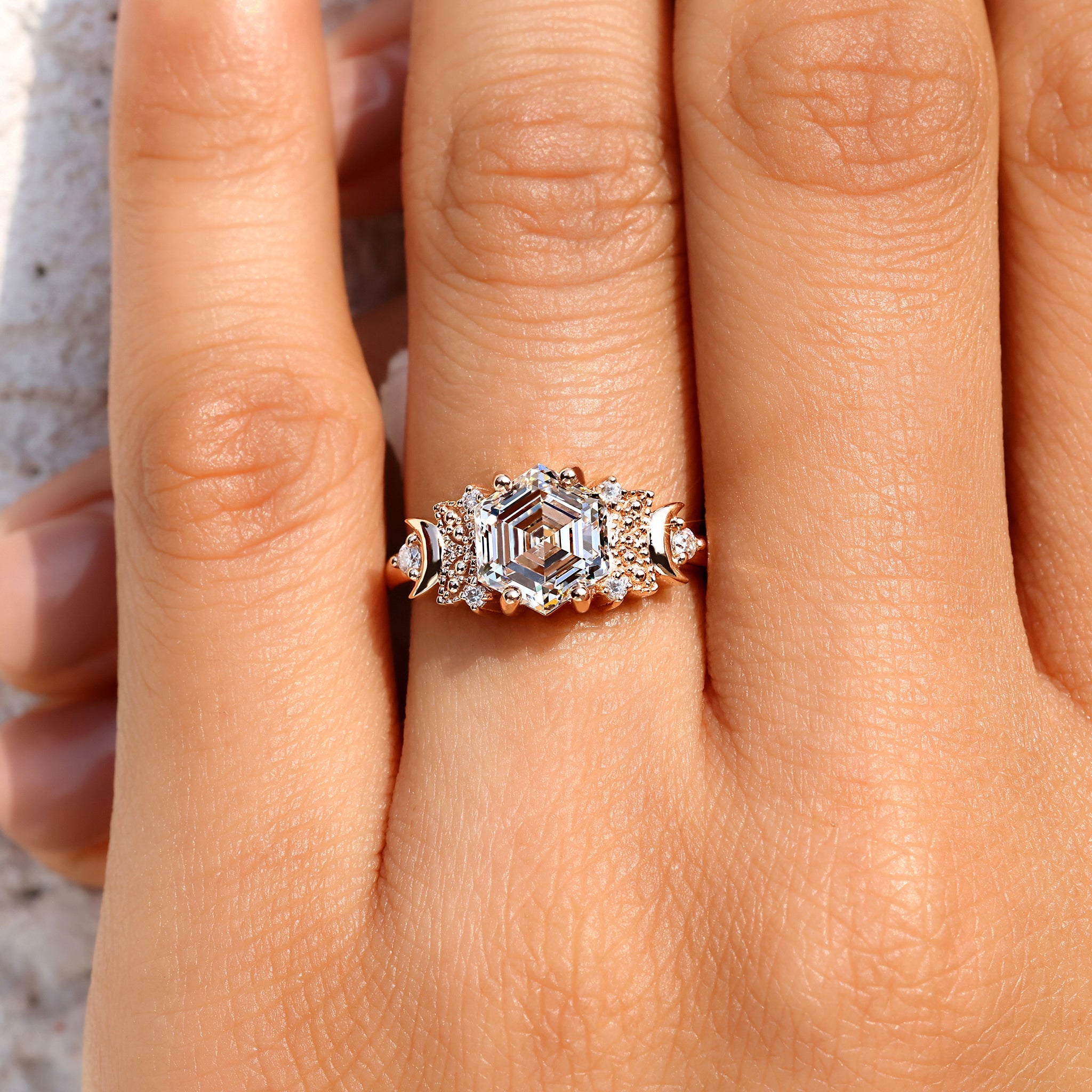 Hexagon Step Cut Vintage Diamond Engagement Ring