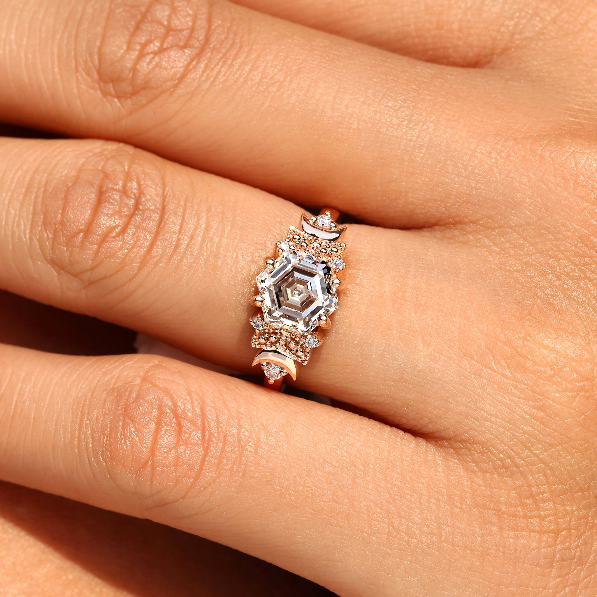 Hexagon Step Cut Vintage Diamond Engagement Ring