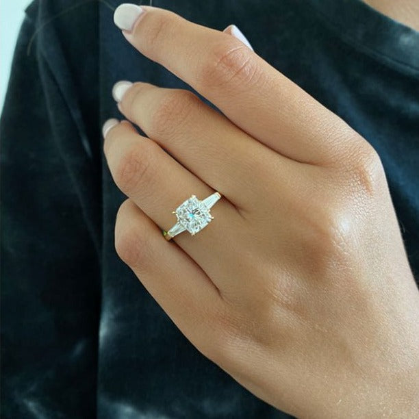 2.0 CT Cushion Cut Moissanite Three Stone Engagement Ring