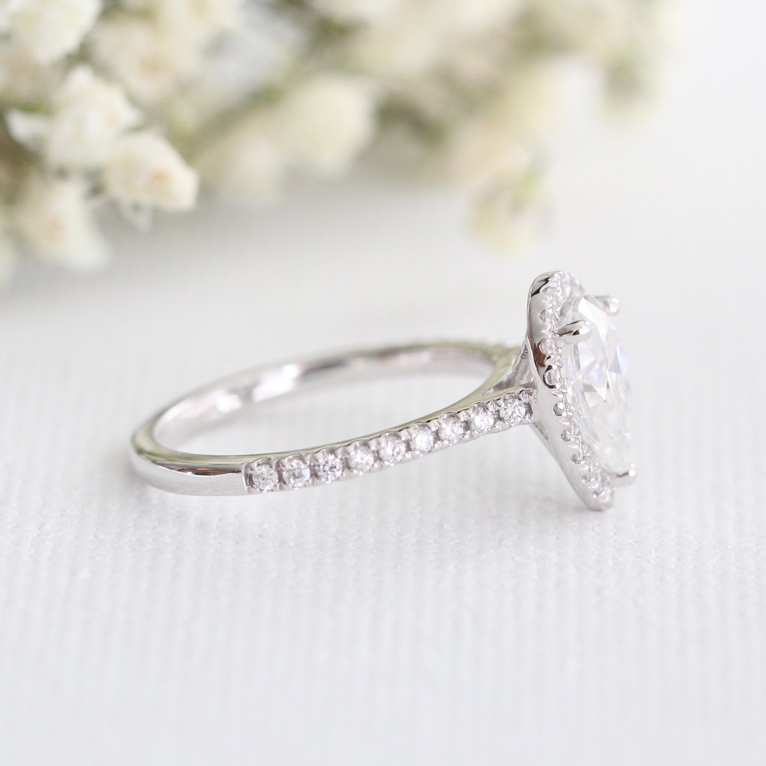 1.50 CT Pear Cut Moissanite Halo Engagement Ring
