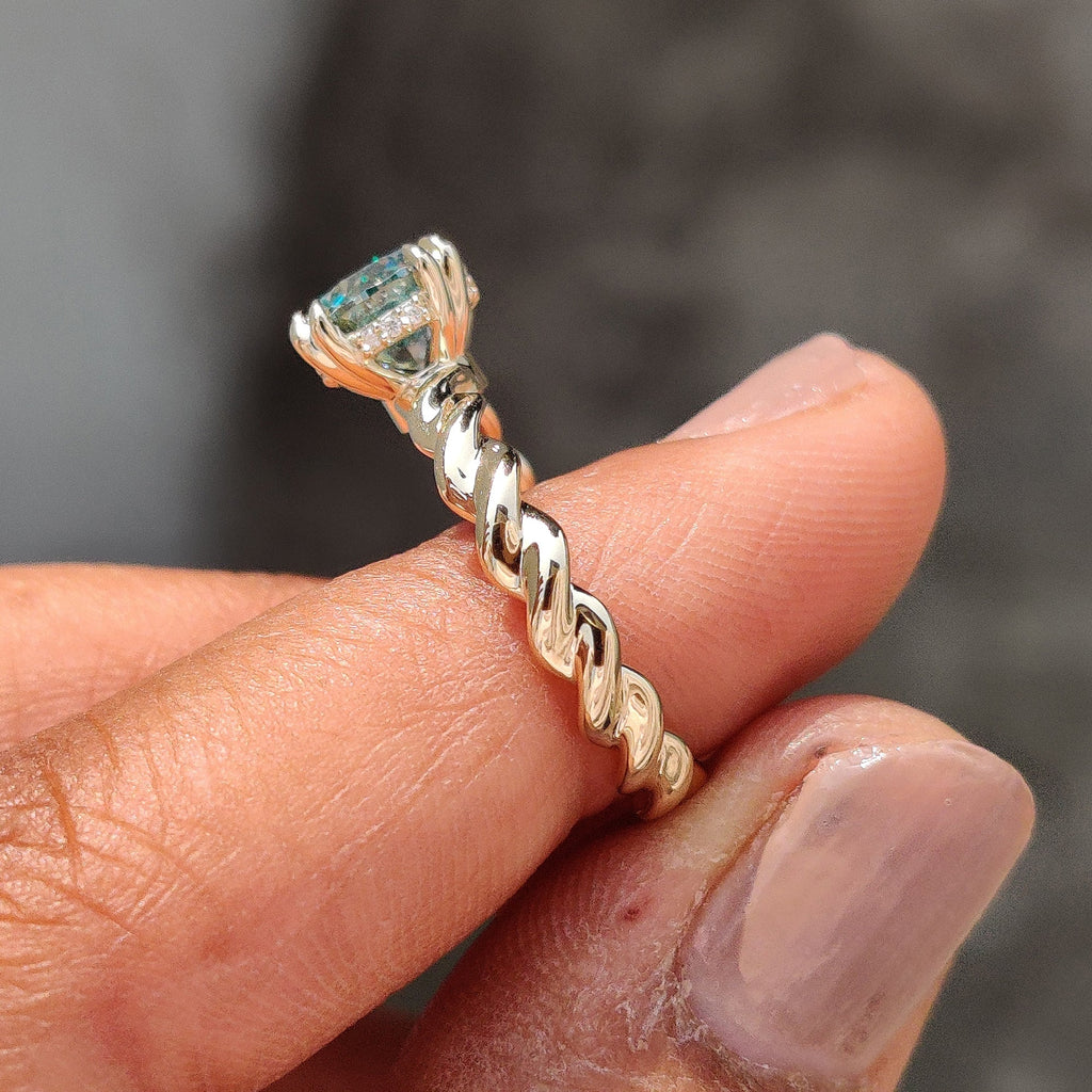 Cyan Blue Round Cut Hidden Halo Ring With Twisted Rope Band