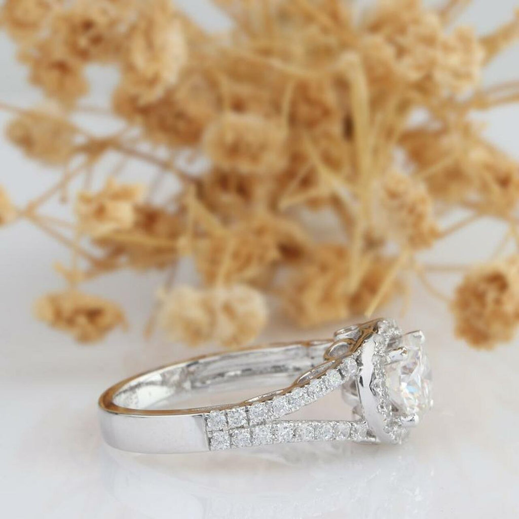 1.0CT Round Brilliant Cut Split Shank Halo Moissanite Engagement Ring
