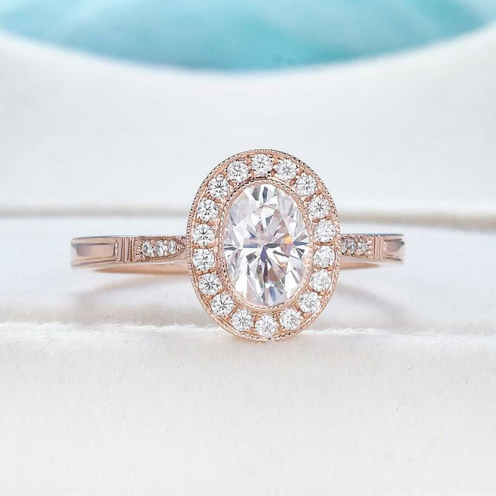 1.0CT Oval Cut Milgrain Halo Moissanite Engagement Ring