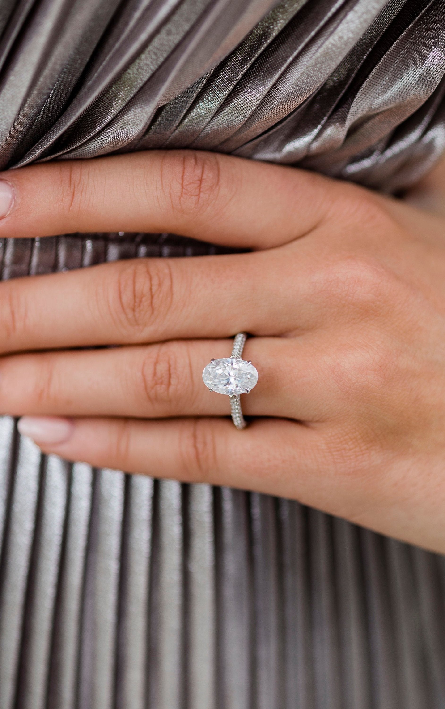 3.40 CT Elongated Oval Moissanite Hidden Halo & Pave Setting Engagement Ring