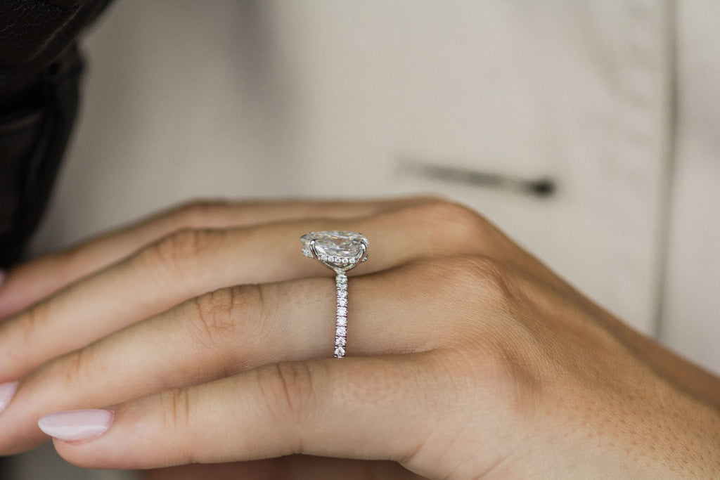 1.10 - 3.10 Pear Moissanite Hidden Halo & Pave Setting Engagement Ring