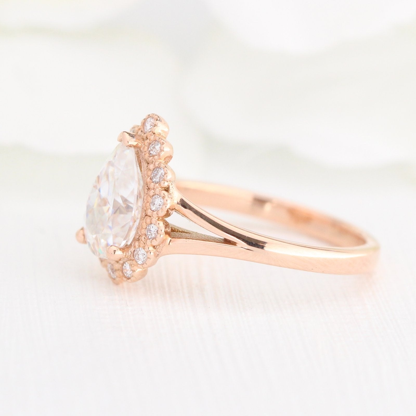 1.50 CT Pear Cut Moissanite Halo Split Shank Style Engagement Ring