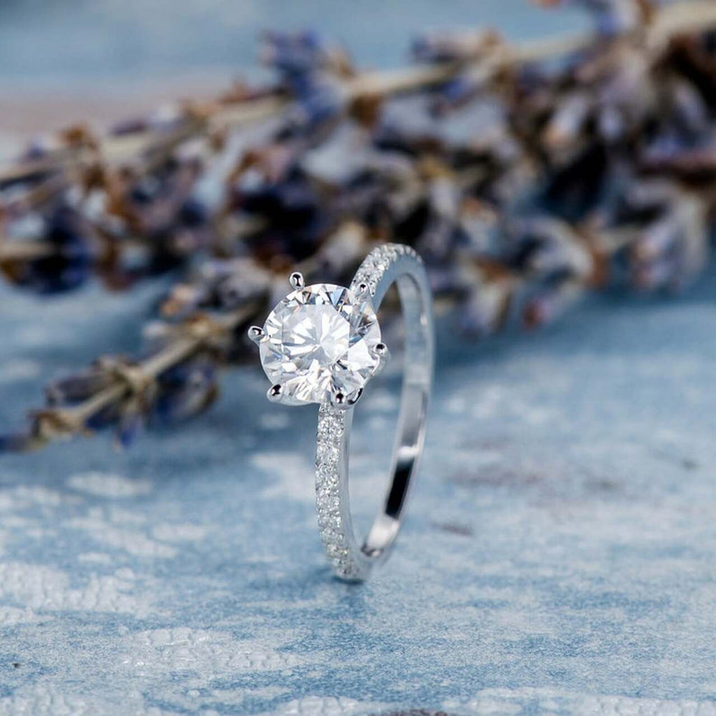 1.0 CT Round Brilliant Cut Pave Style Moissanite Engagement Ring