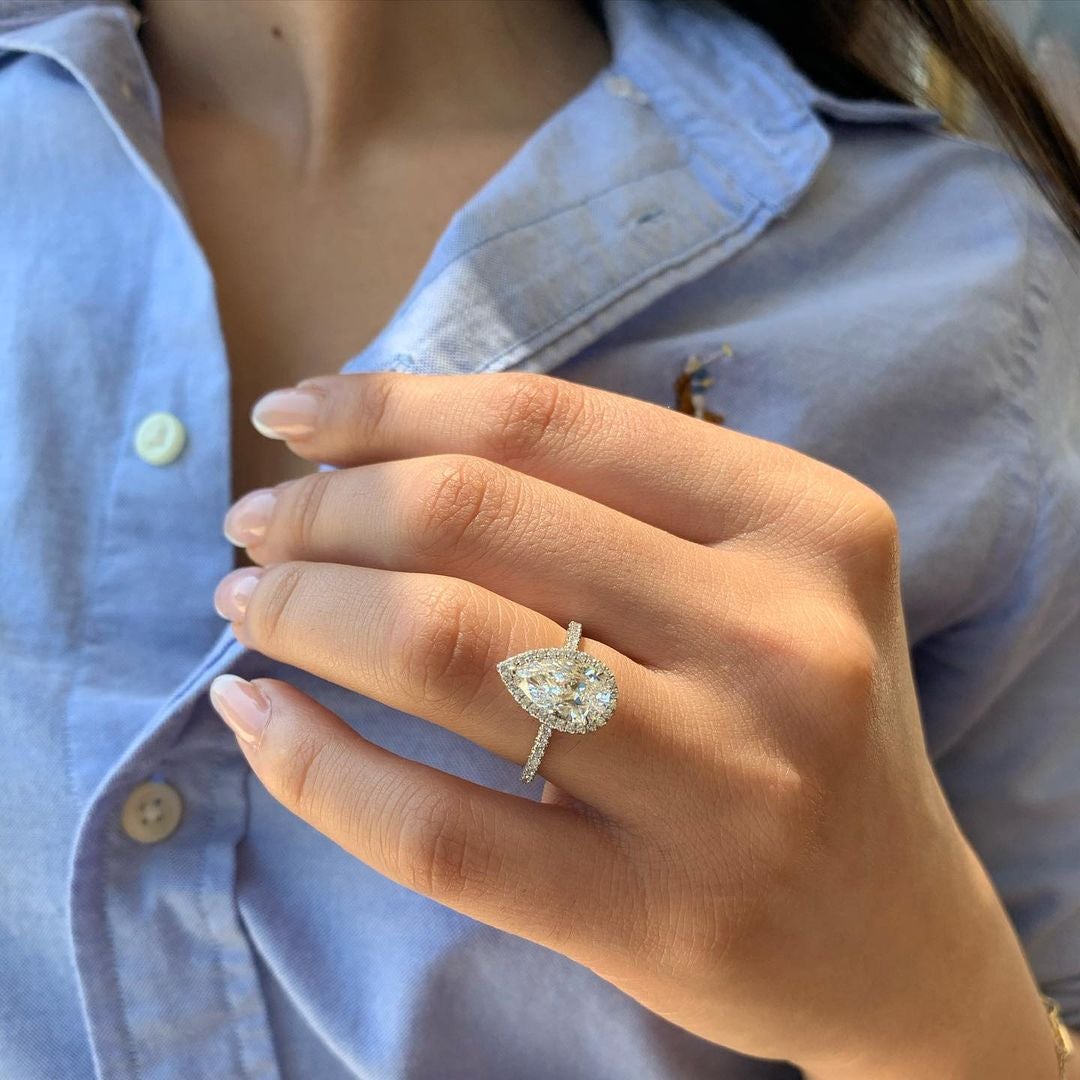 1.50 CT Pear Cut Halo Setting Moissanite Engagement Ring