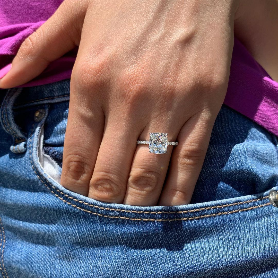 1.50 CT Cushion Cut Pave Style Moissanite Engagement Ring