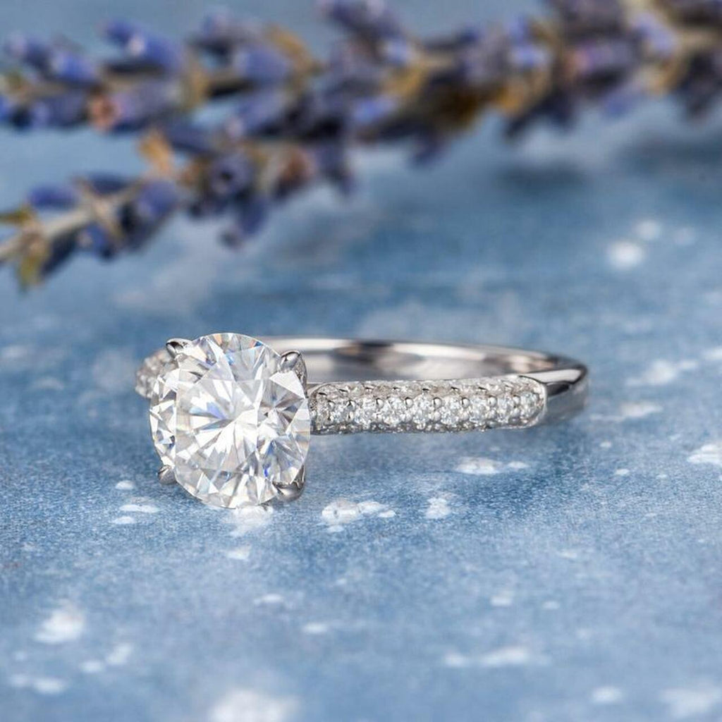 1.50CT Round Moissanite Solitaire Pave Setting Engagement Ring