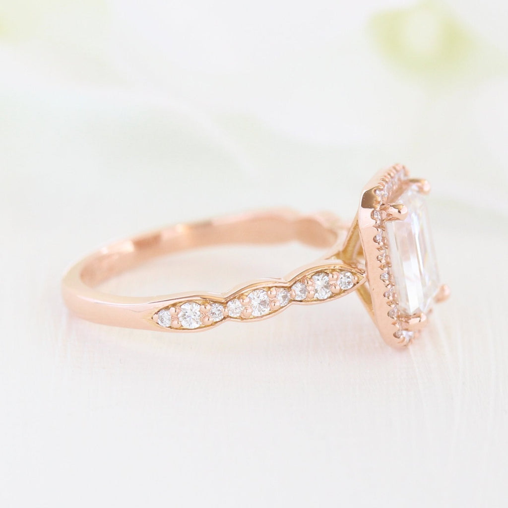 1.60 CT Emerald Cut Moissanite Halo Engagement Ring